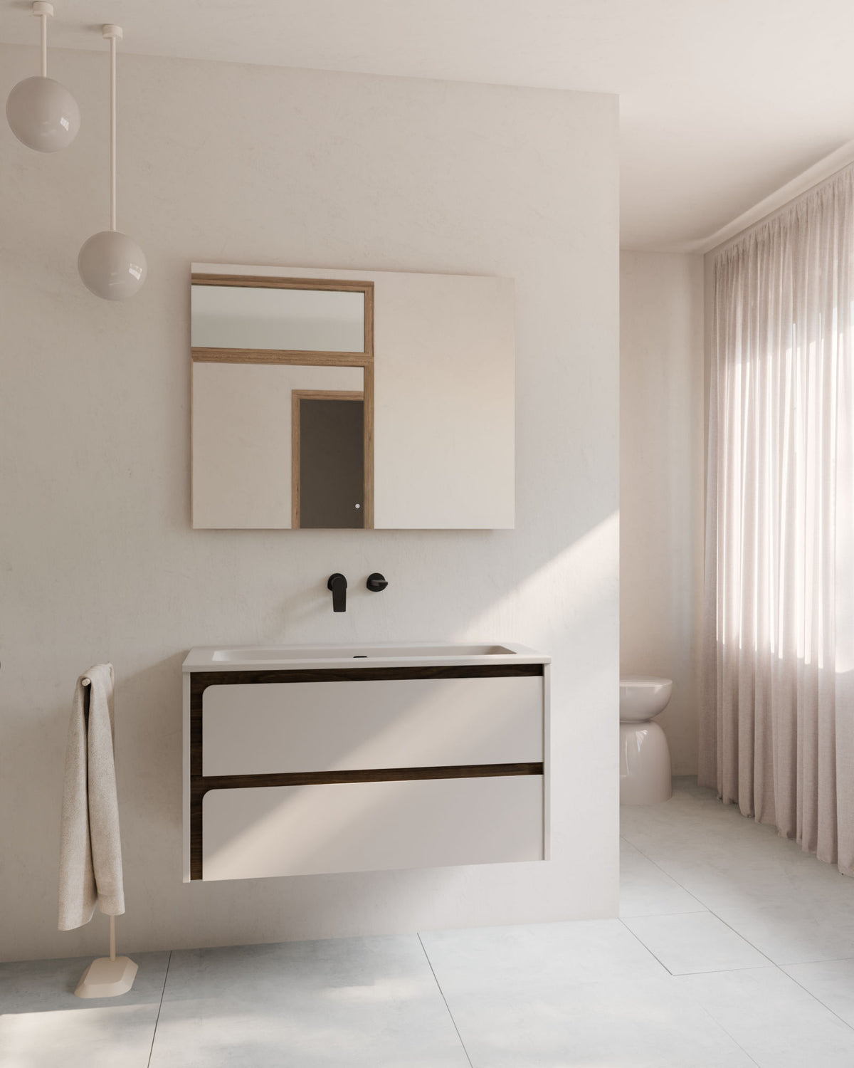 Cyra 2 tiroirs Taupe Noyer – avec plan vasque Meira Taupe, Tablier 2 cm, sans trou de robinet, vue de face