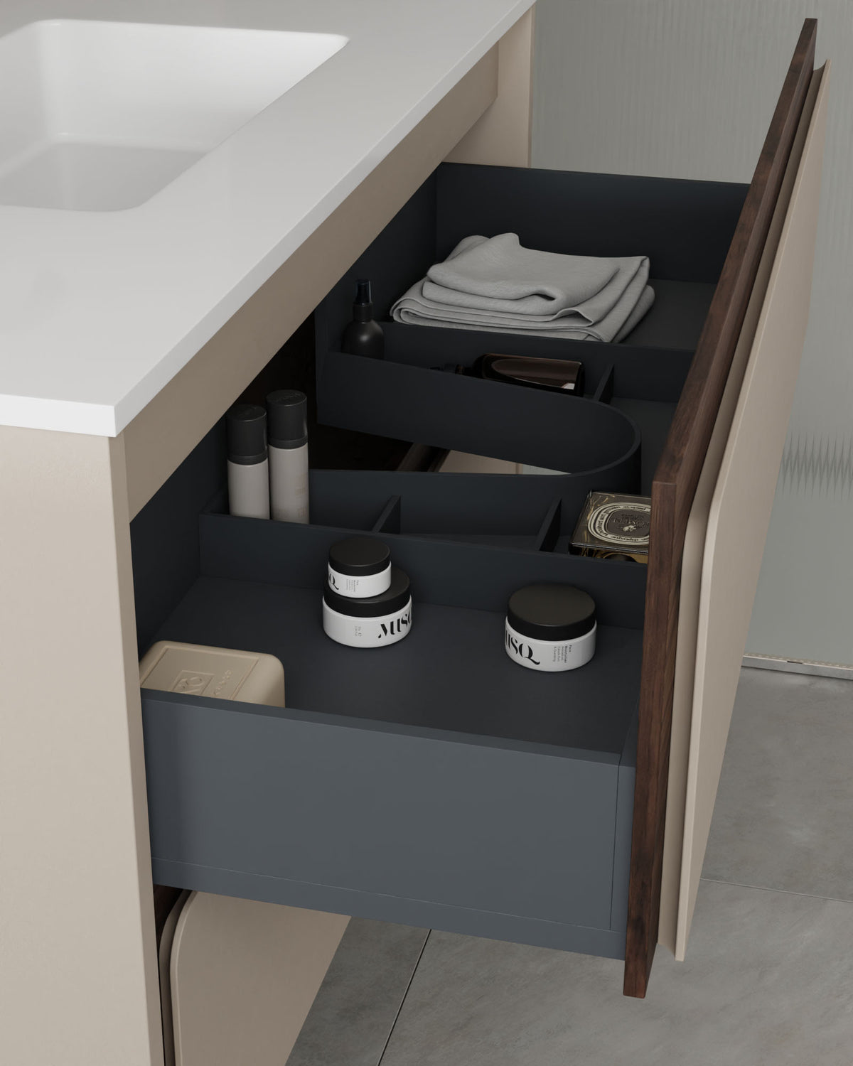 Cyra 2 tiroirs Taupe Noyer – avec plan vasque Toren Blanc, Tablier 2 cm, avec trou de robinet, vue du tiroir