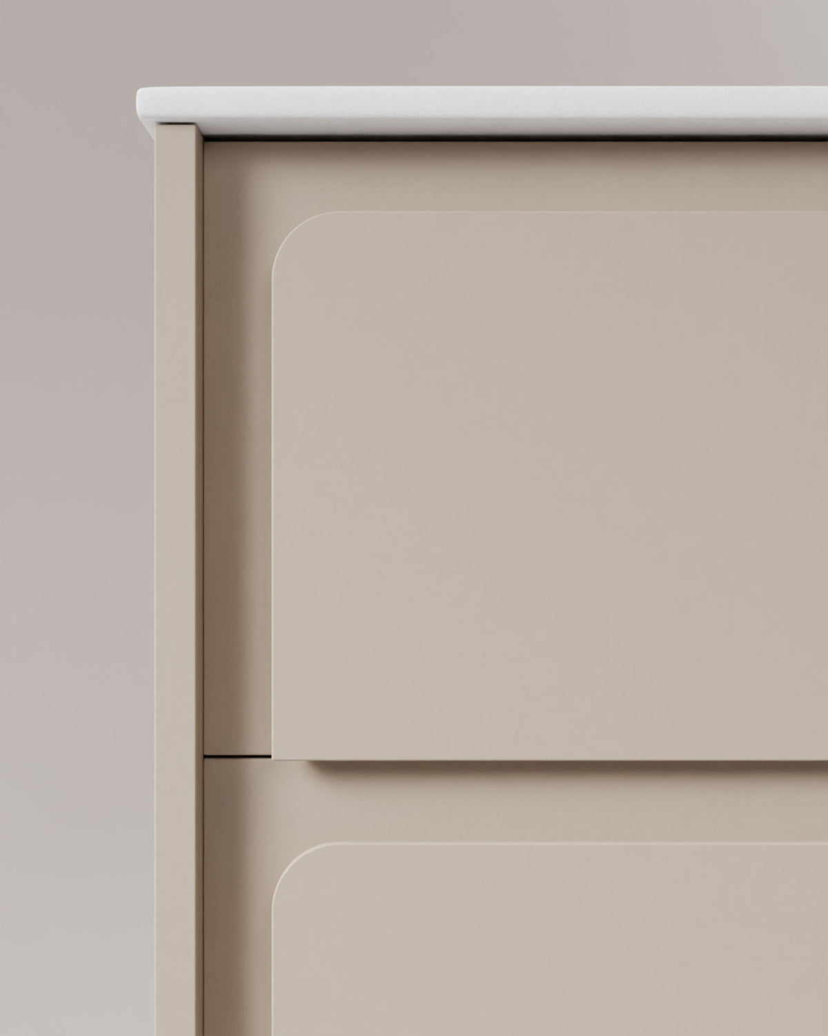 Cyra 2 Schubladen Taupe Taupe – mit Möbelwaschtisch Toren Weiß, Schürze 2 cm, mit Hahnloch, Detailansicht