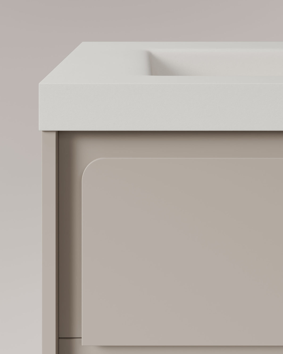 Cyra 2 Schubladen Taupe Taupe – mit Möbelwaschtisch Ardelia Weiß, Schürze 6 cm, mit Hahnloch, Detailansicht