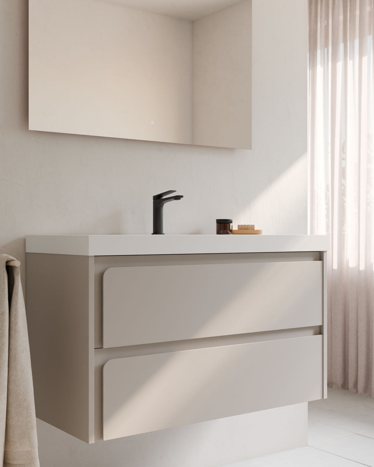 Cyra 2 Schubladen Taupe Taupe – mit Möbelwaschtisch Ardelia Weiß, Schürze 6 cm, mit Hahnloch, Nahaufnahme