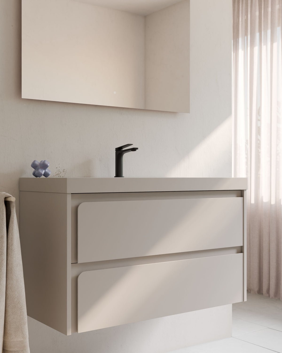 Cyra 2 Schubladen Taupe Taupe – mit Möbelwaschtisch Ardelia Taupe, Schürze 6 cm, mit Hahnloch, Nahaufnahme