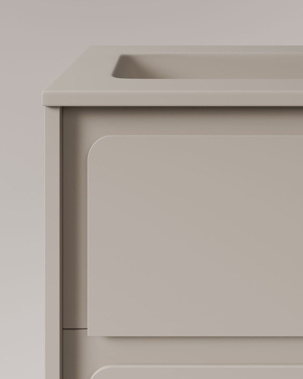 Cyra 2 Schubladen Taupe Taupe – mit Möbelwaschtisch Meira Taupe, Schürze 2 cm, mit Hahnloch, Detailansicht