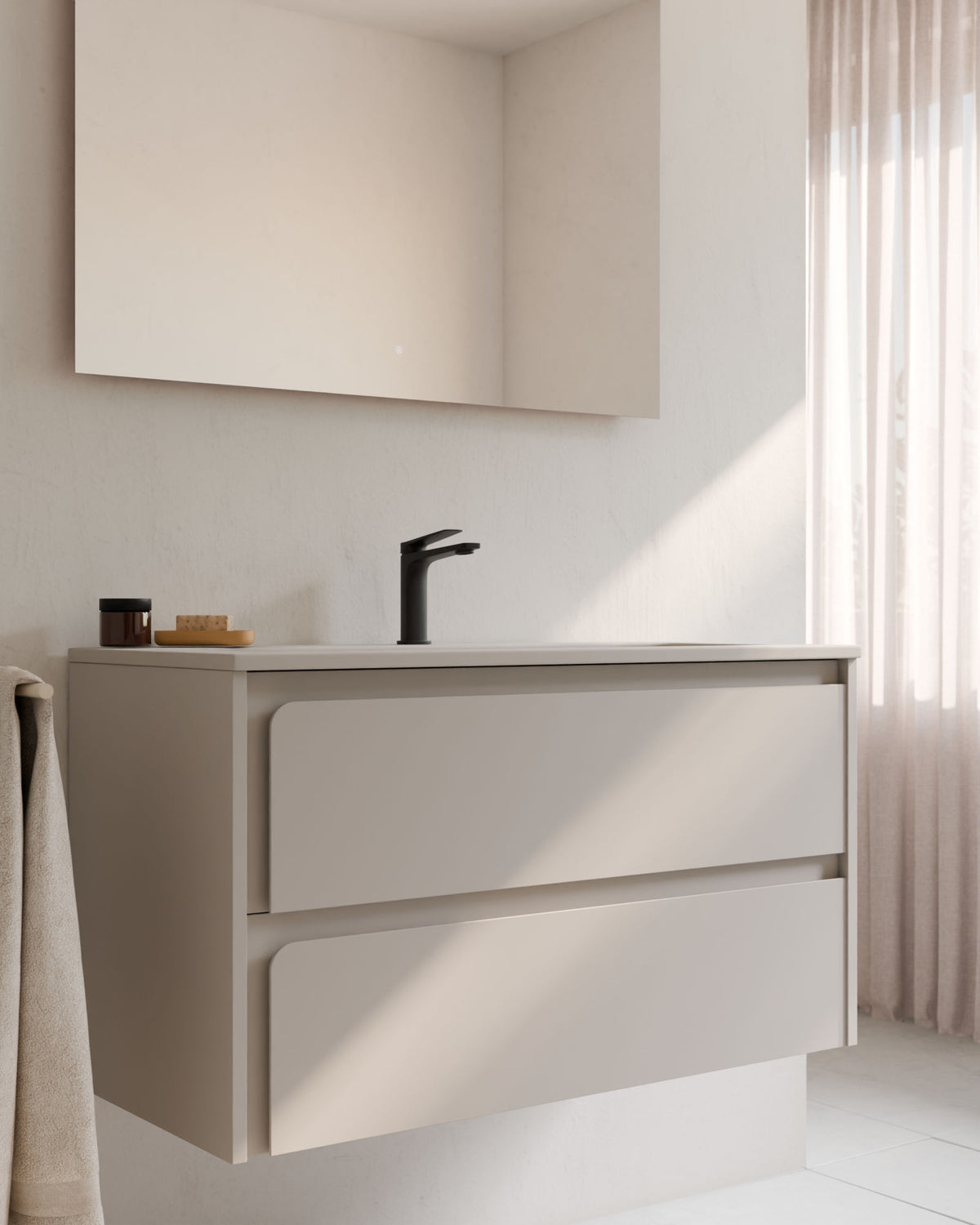 Cyra 2 Schubladen Taupe Taupe – mit Möbelwaschtisch Meira Taupe, Schürze 2 cm, mit Hahnloch, Nahaufnahme