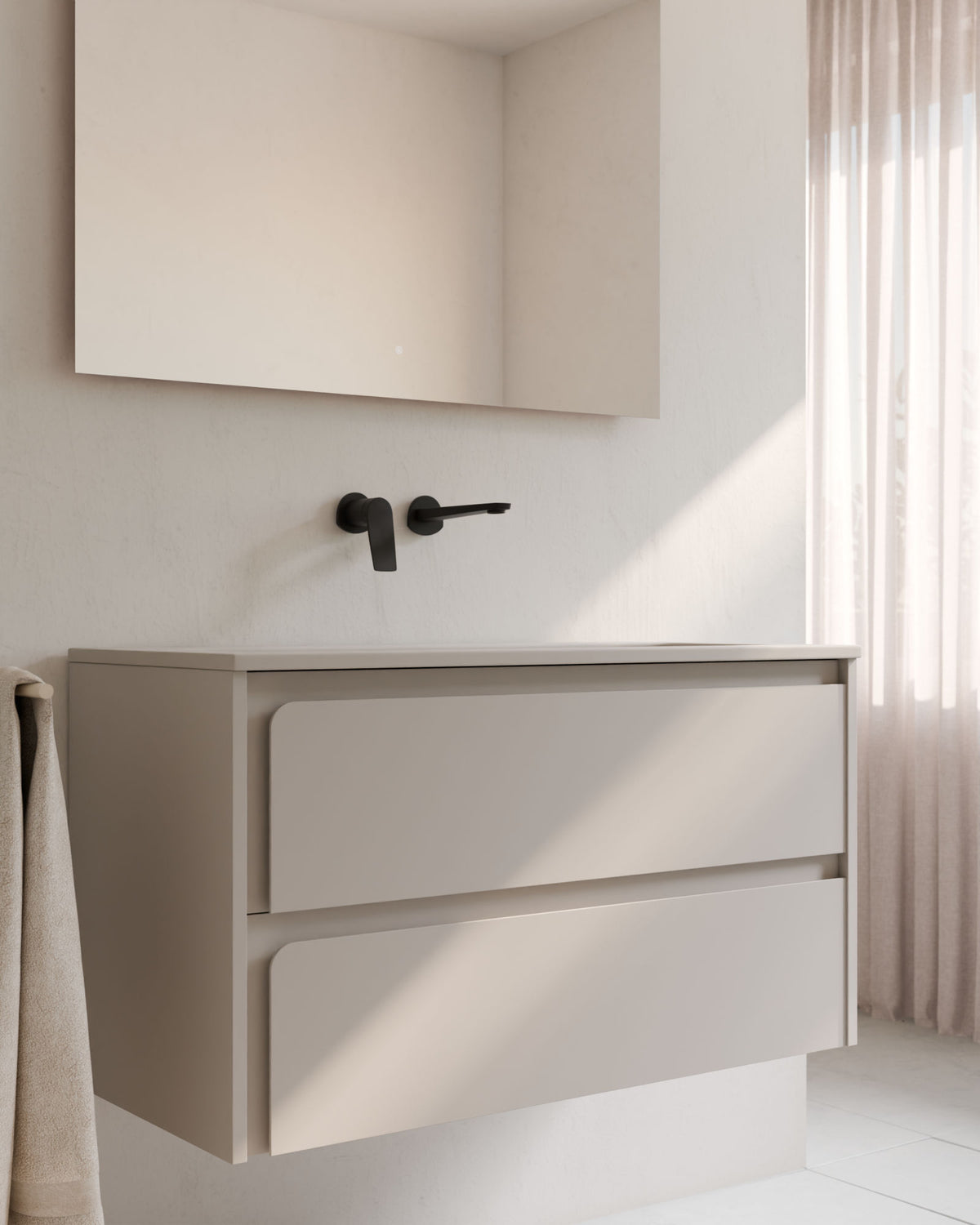 Cyra 2 Schubladen Taupe Taupe – mit Möbelwaschtisch Meira Taupe, Schürze 2 cm, ohne Hahnloch, Nahaufnahme
