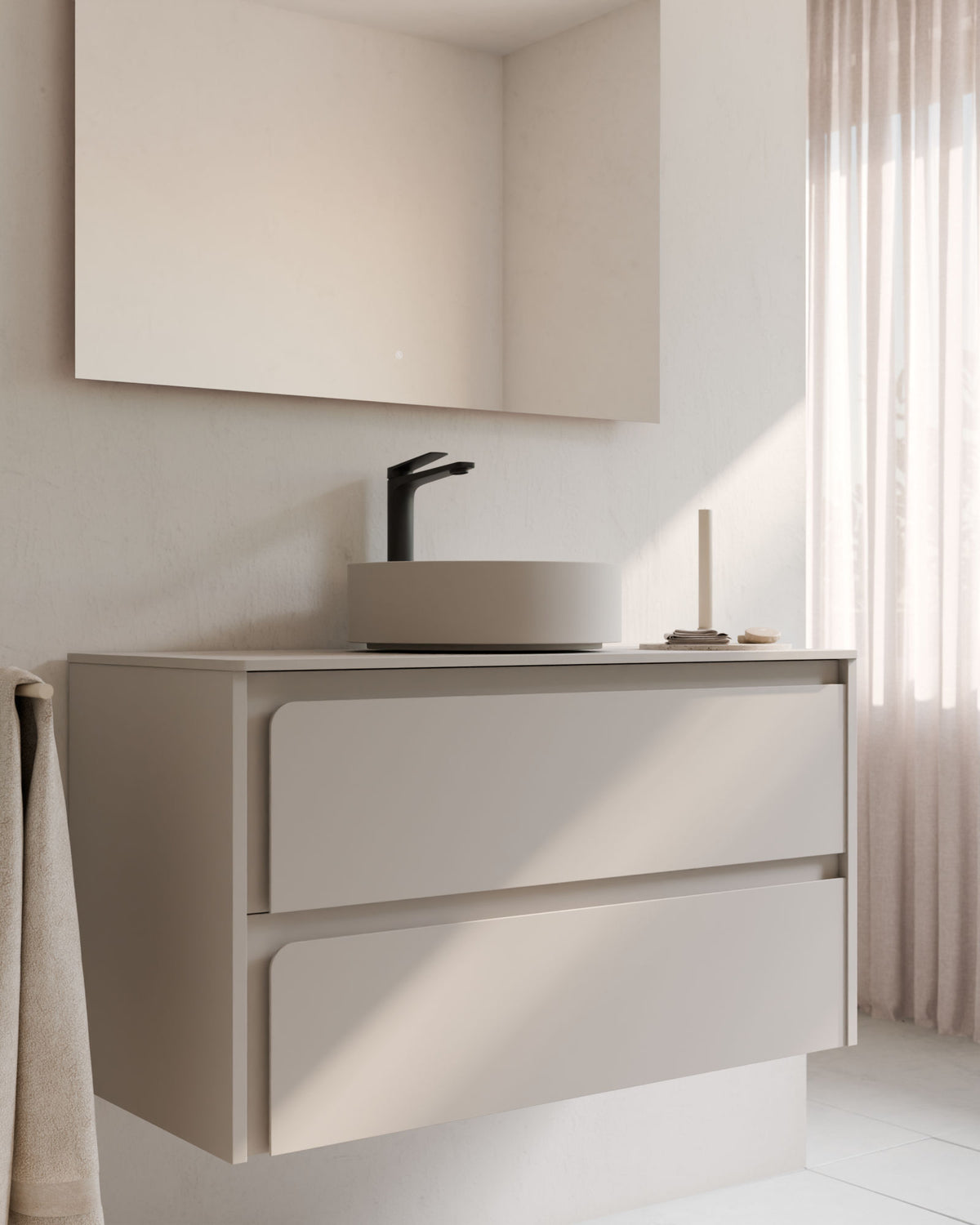 Cyra 2 Schubladen Taupe Taupe – mit Arbeitsplatte Taupe, Nahaufnahme
