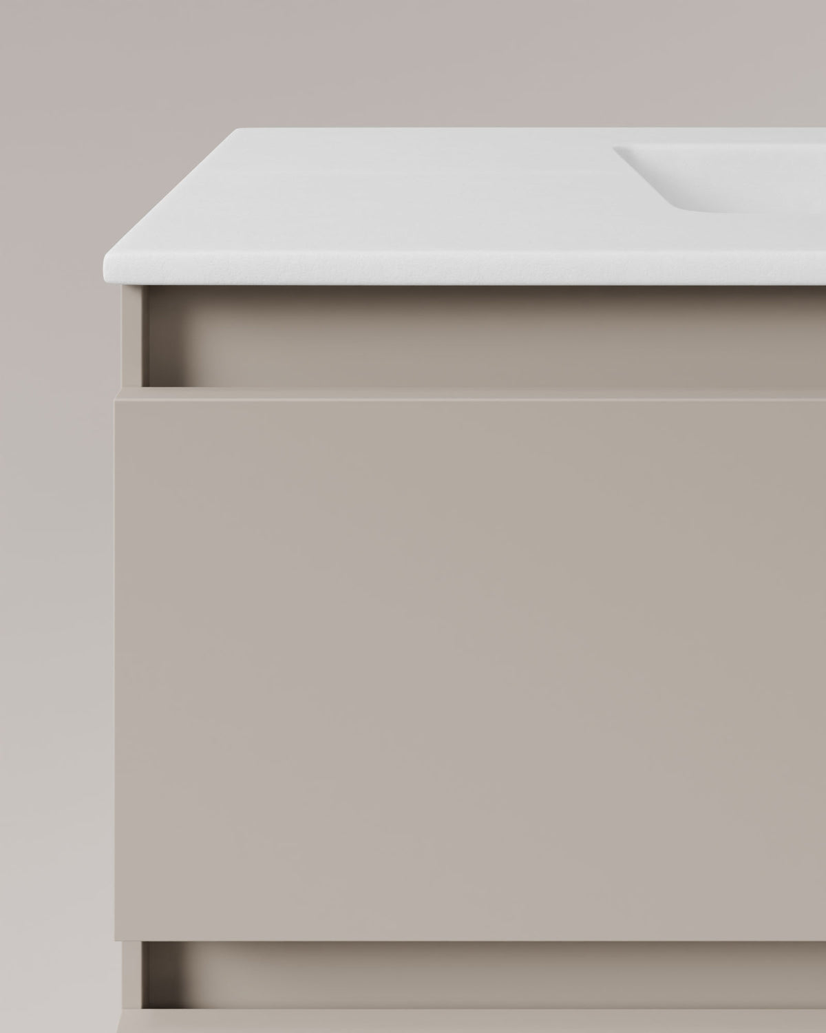 Zuri 2 tiroirs Taupe – avec plan vasque Toren Blanc, Tablier 2 cm, sans trou de robinet, vue de détail