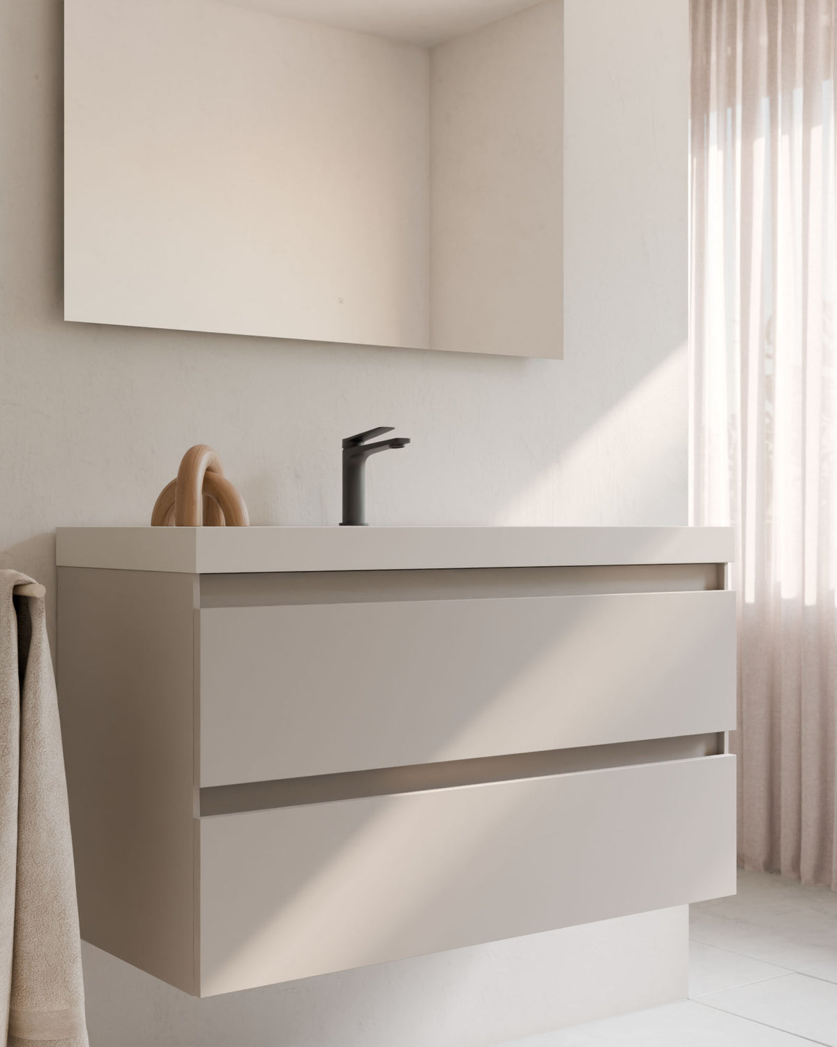 Zuri 2 Schubladen Taupe – mit Möbelwaschtisch Ardelia Weiß, Schürze 6 cm, mit Hahnloch, Nahaufnahme
