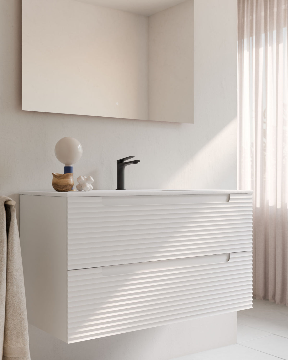 Kairo 2 cajones blanco – con lavabo integrado Toren Blanco, Faldón 2 cm, con agujero de grifo, primer plano