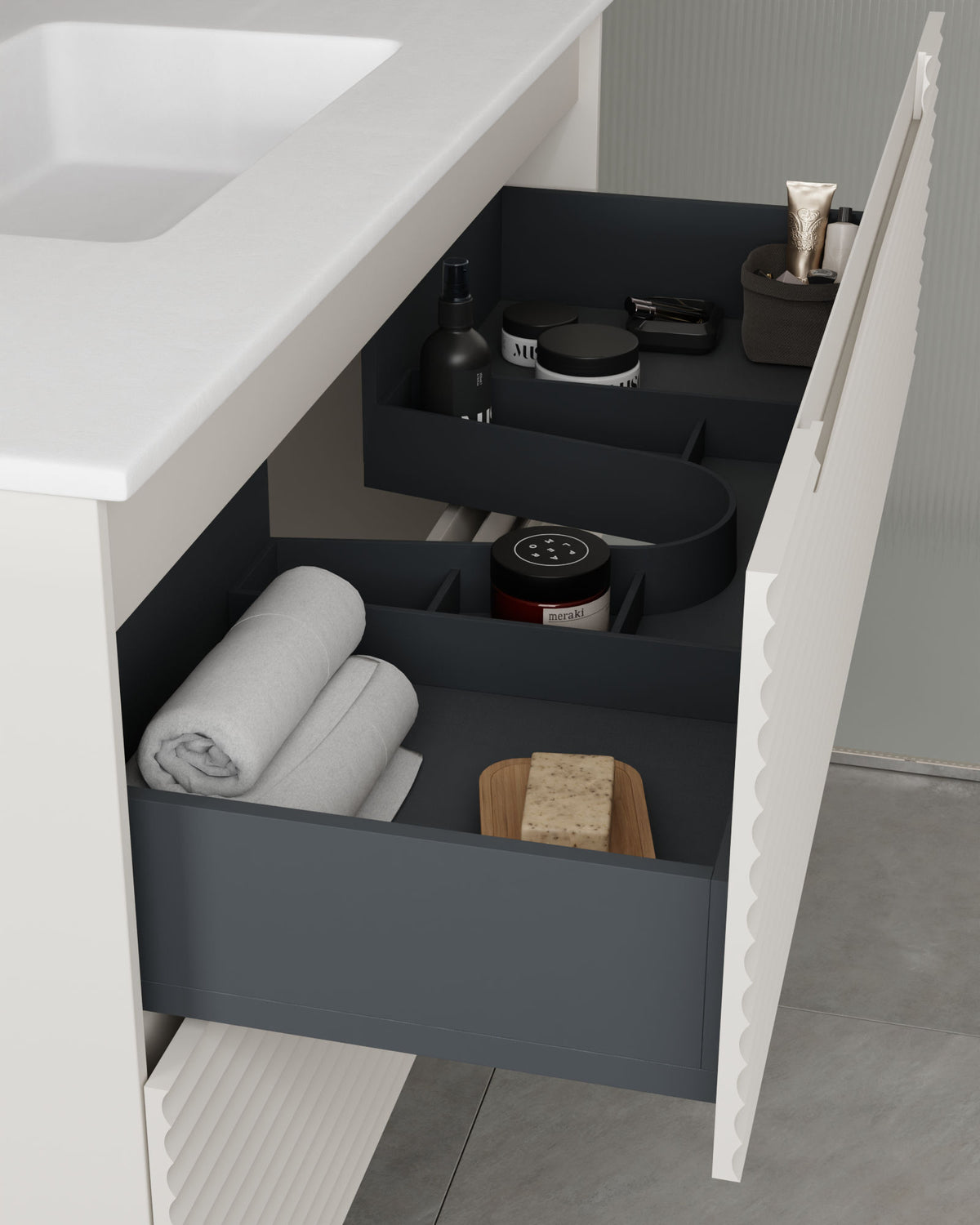 Kairo 2 cajones blanco – con lavabo integrado Toren Blanco, Faldón 2 cm, con agujero de grifo, vista del cajón