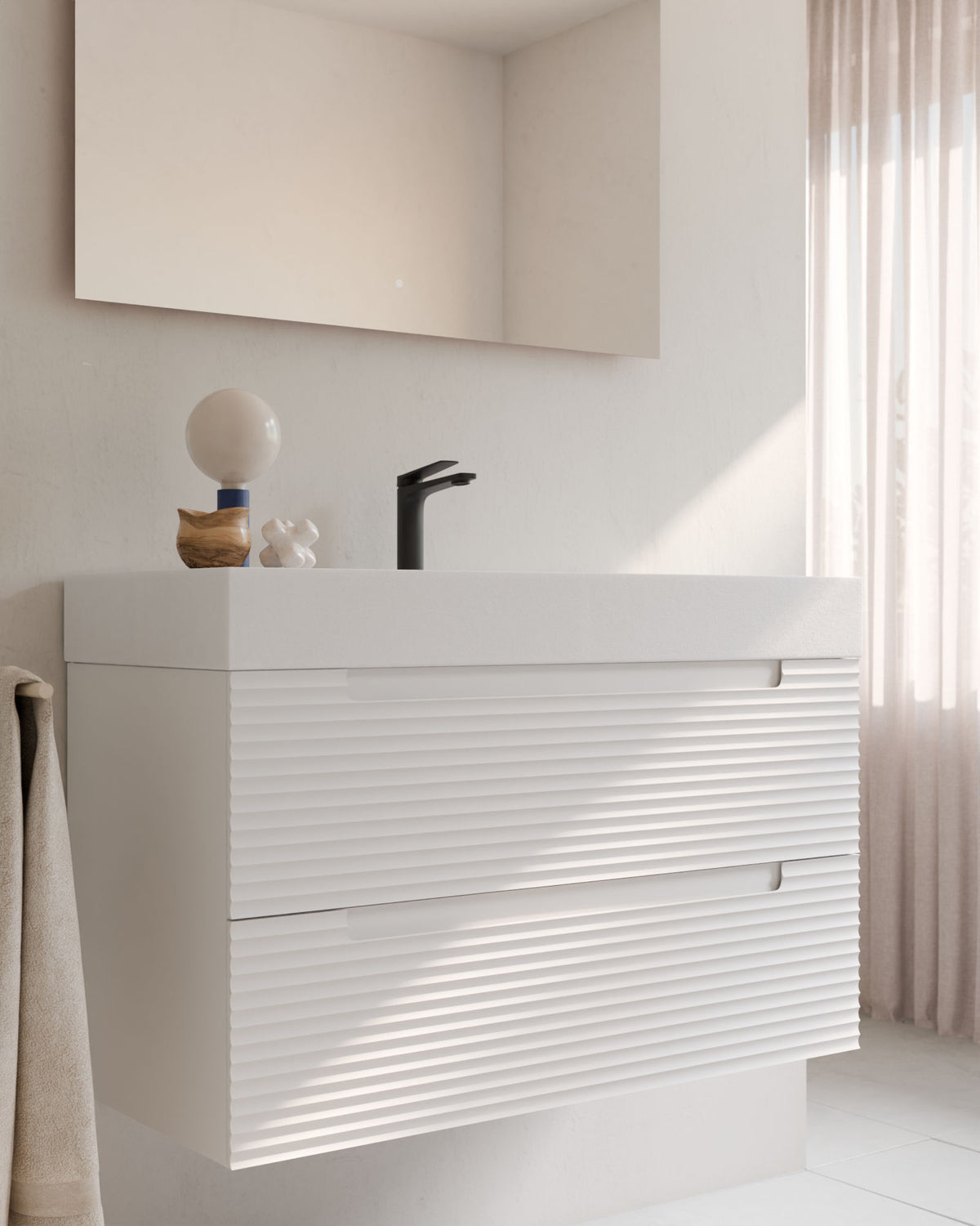 Kairo 2 cajones blanco – con lavabo integrado Toren Blanco, Faldón 10 cm, con agujero de grifo, primer plano