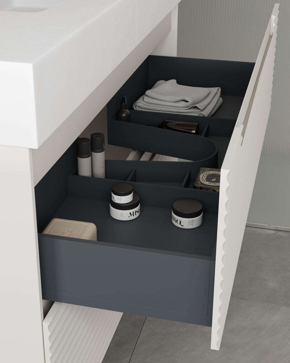Kairo 2 cajones blanco – con lavabo integrado Toren Blanco, Faldón 10 cm, con agujero de grifo, vista del cajón