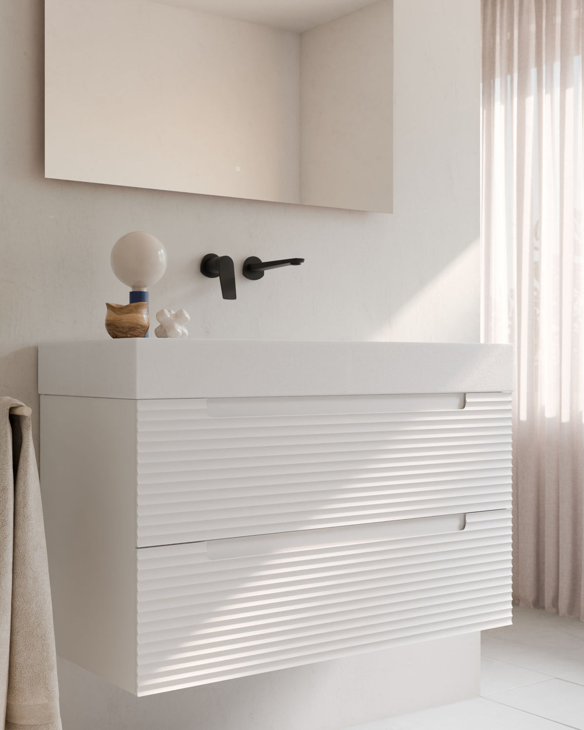 Kairo 2 cajones blanco – con lavabo integrado Toren Blanco, Faldón 10 cm, sin agujero de grifo, primer plano