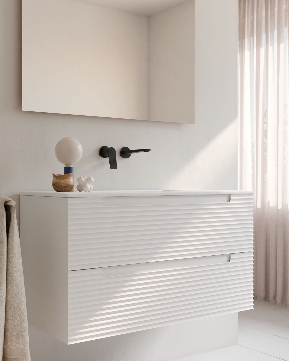 Kairo 2 cajones blanco – con lavabo integrado Toren Blanco, Faldón 2 cm, sin agujero de grifo, primer plano
