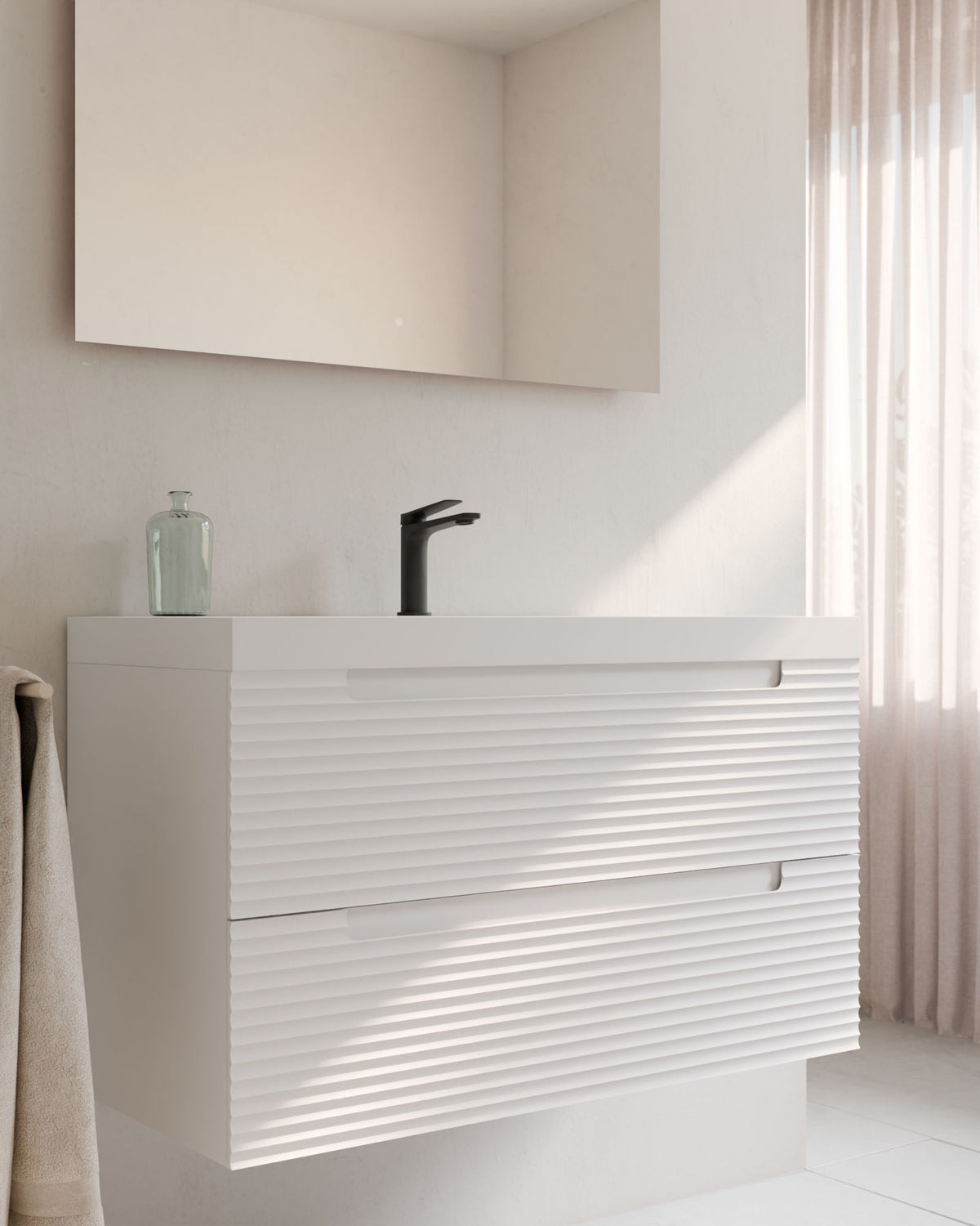 Kairo 2 cajones blanco – con lavabo integrado Ardelia Blanco, Faldón 6 cm, con agujero de grifo, primer plano