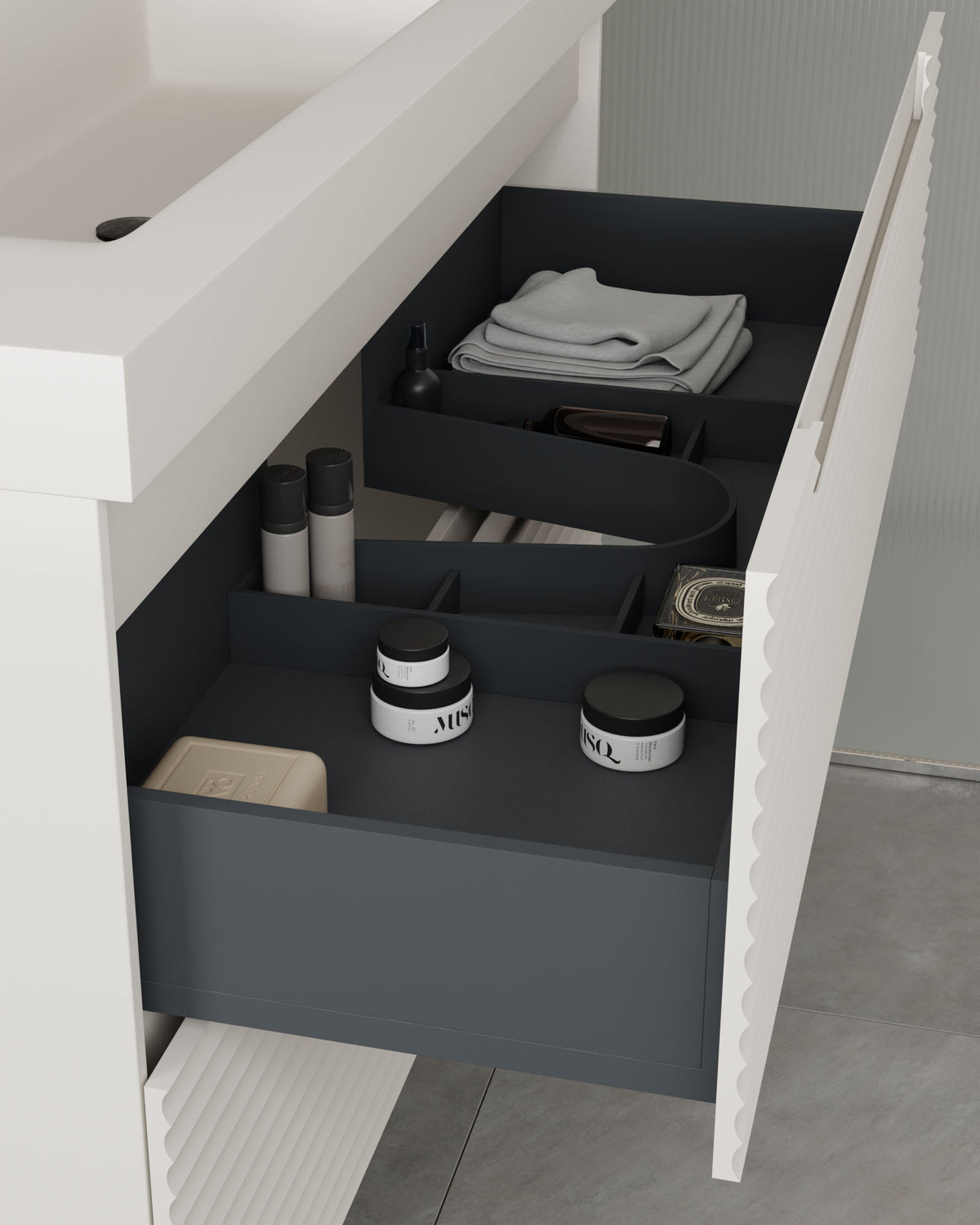Kairo 2 cajones blanco – con lavabo integrado Ardelia Blanco, Faldón 6 cm, con agujero de grifo, vista del cajón
