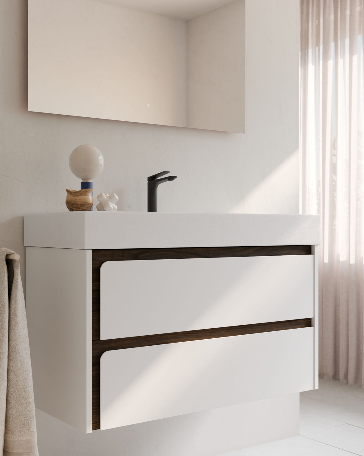 Cyra 2 cajones blanco nogal – con lavabo integrado Toren Blanco, Faldón 10 cm, con agujero de grifo, primer plano