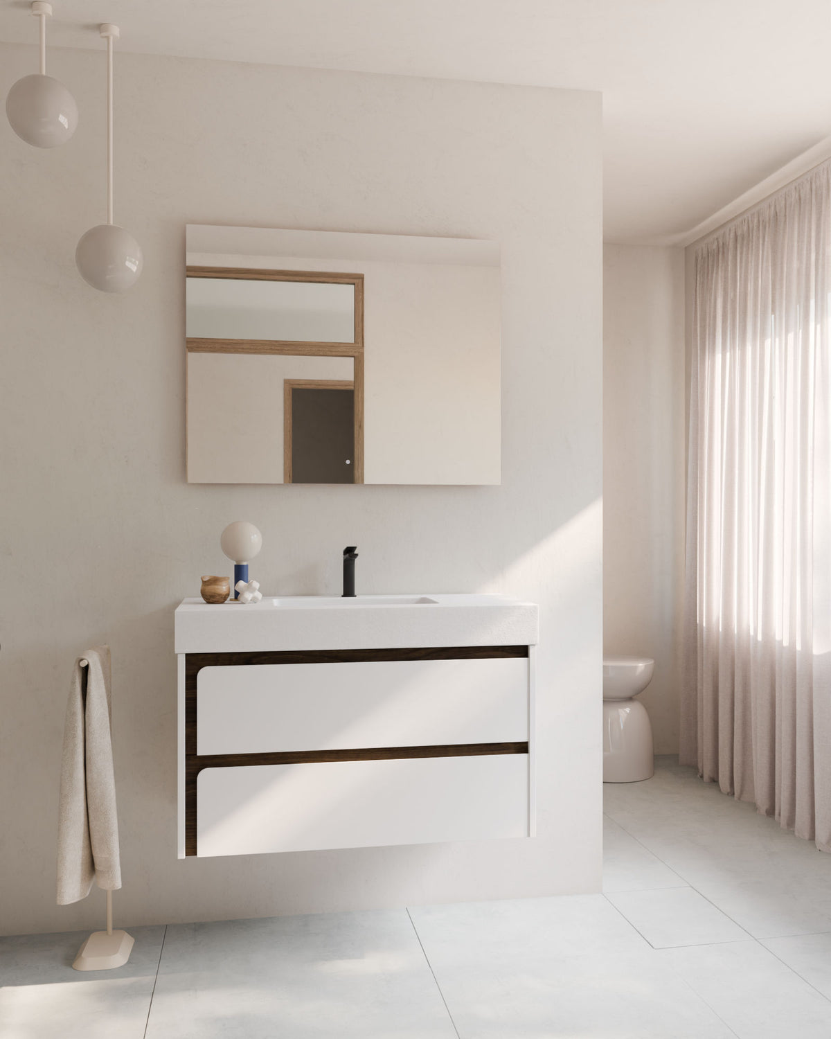 Cyra 2 cajones blanco nogal – con lavabo integrado Toren Blanco, Faldón 10 cm, con agujero de grifo, vista frontal