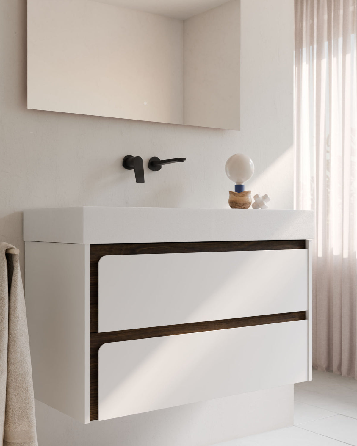 Cyra 2 cajones blanco nogal – con lavabo integrado Toren Blanco, Faldón 10 cm, sin agujero de grifo, primer plano