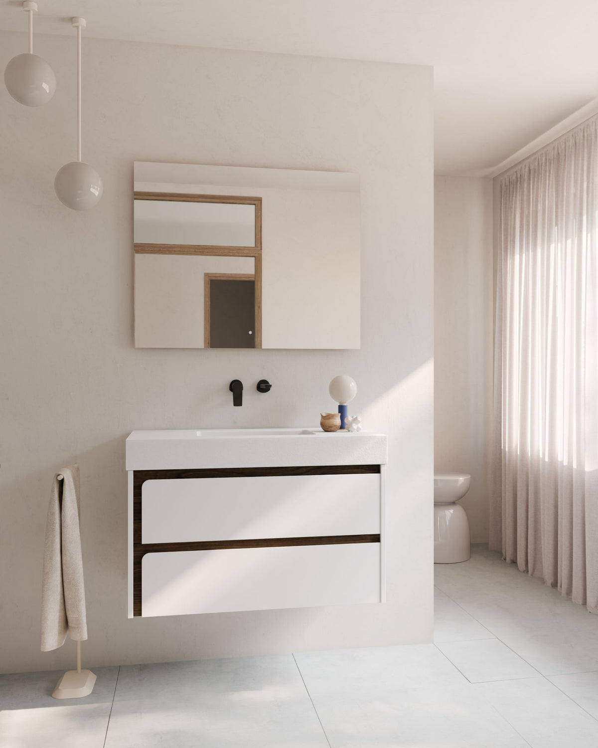 Cyra 2 cajones blanco nogal – con lavabo integrado Toren Blanco, Faldón 10 cm, sin agujero de grifo, vista frontal