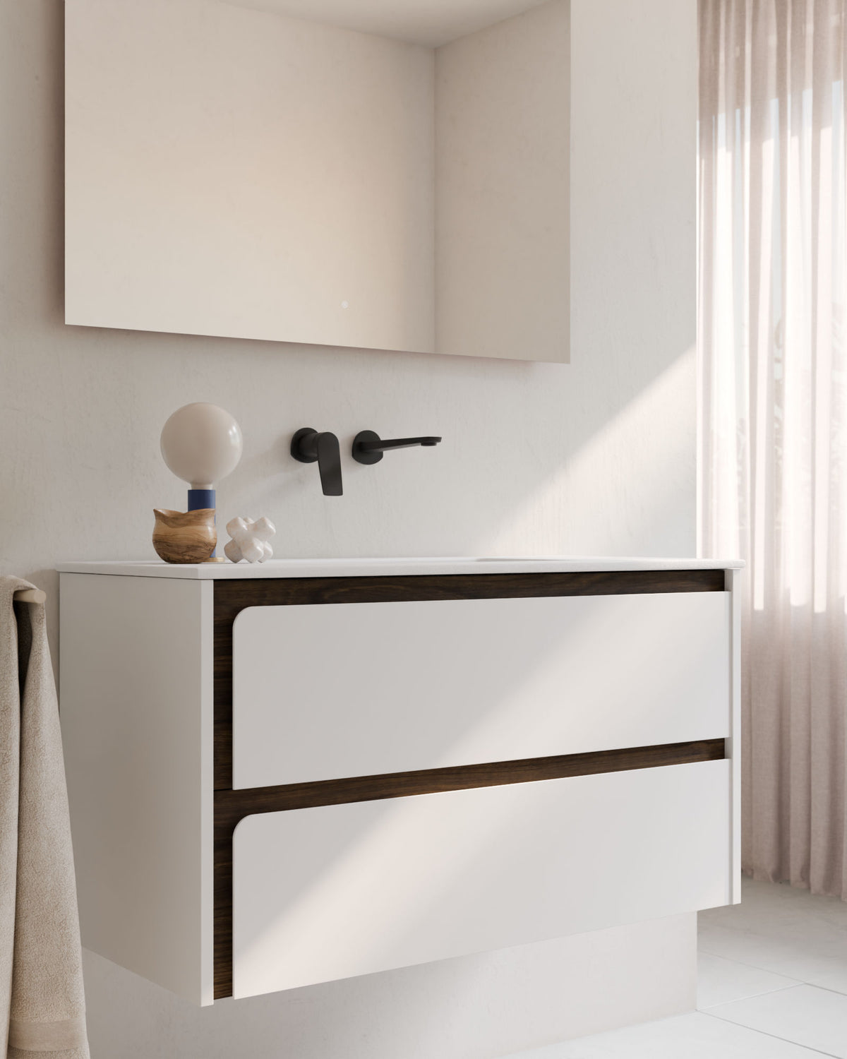 Cyra 2 cajones blanco nogal – con lavabo integrado Toren Blanco, Faldón 2 cm, sin agujero de grifo, primer plano