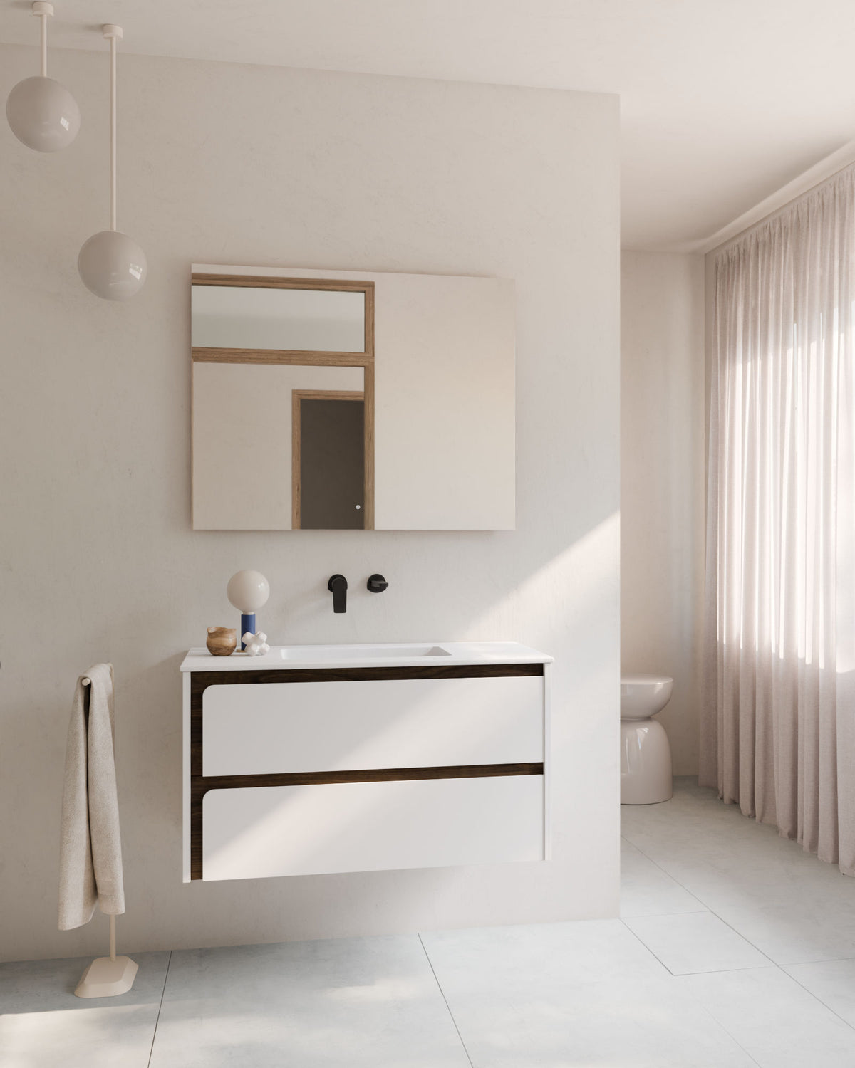 Cyra 2 cajones blanco nogal – con lavabo integrado Toren Blanco, Faldón 2 cm, sin agujero de grifo, vista frontal