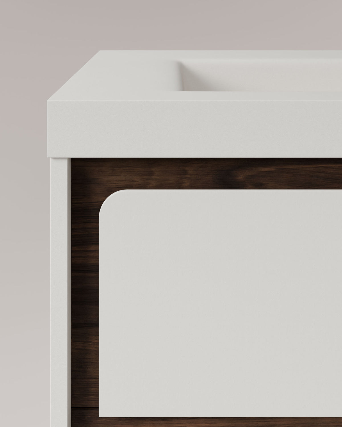 Cyra 2 cajones blanco nogal – con lavabo integrado Ardelia Blanco, Faldón 6 cm, con agujero de grifo, vista de detalle