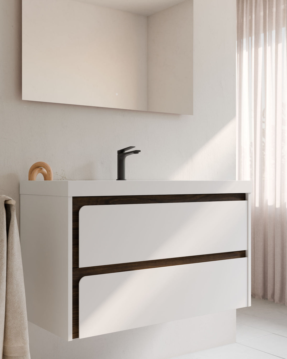 Cyra 2 cajones blanco nogal – con lavabo integrado Ardelia Blanco, Faldón 6 cm, con agujero de grifo, primer plano