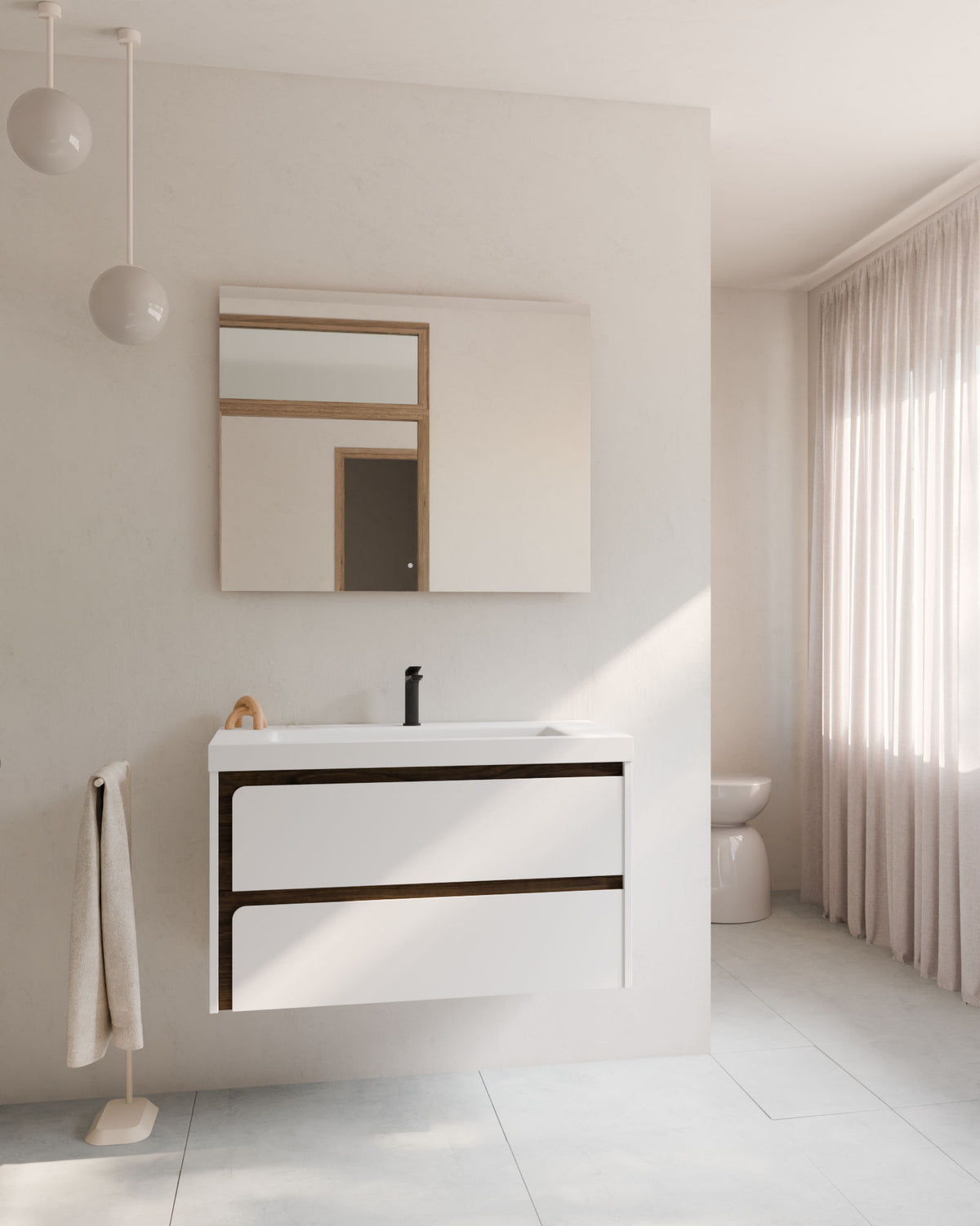 Cyra 2 cajones blanco nogal – con lavabo integrado Ardelia Blanco, Faldón 6 cm, con agujero de grifo, vista frontal