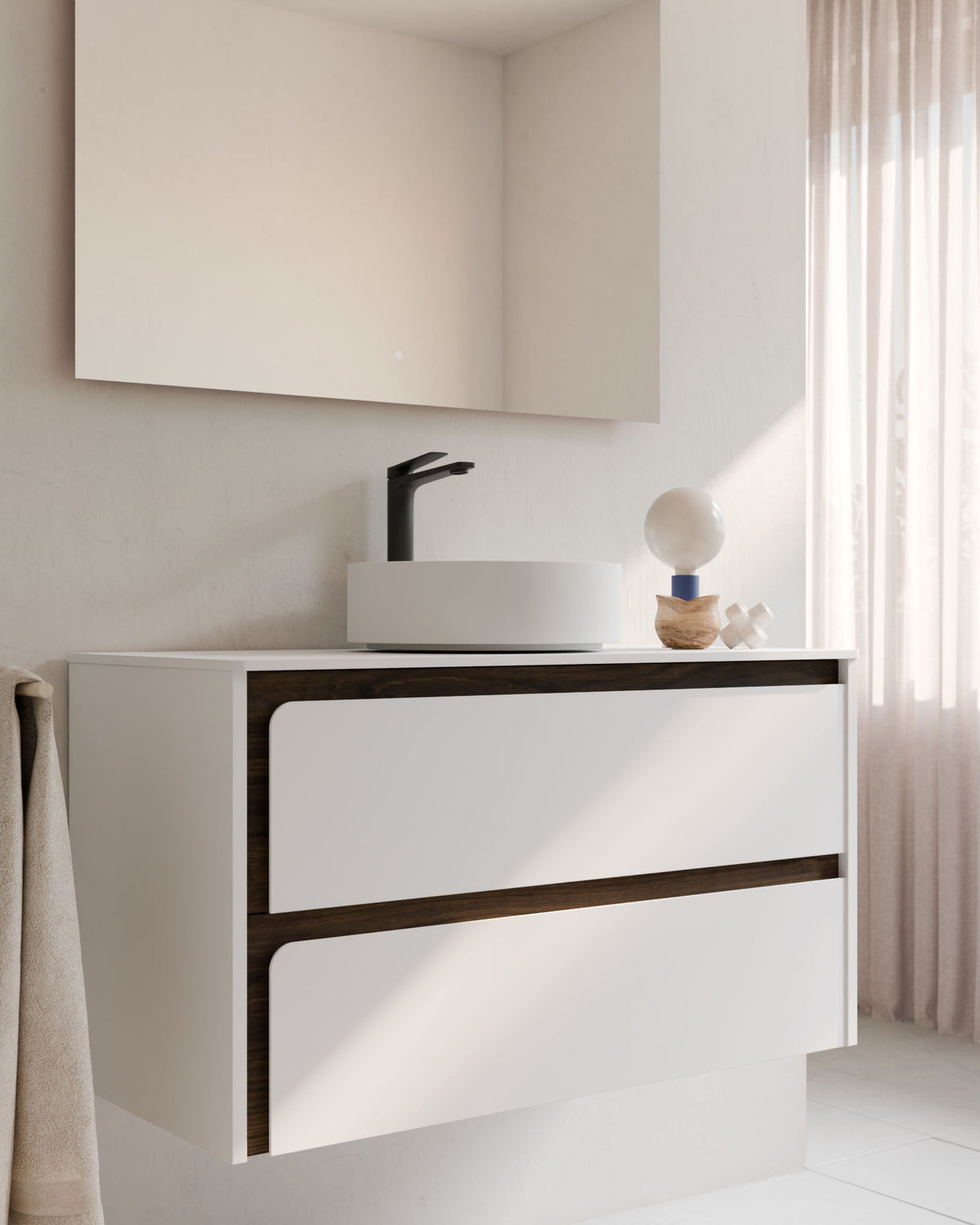 Cyra 2 cajones blanco nogal – con encimera Blanco, primer plano