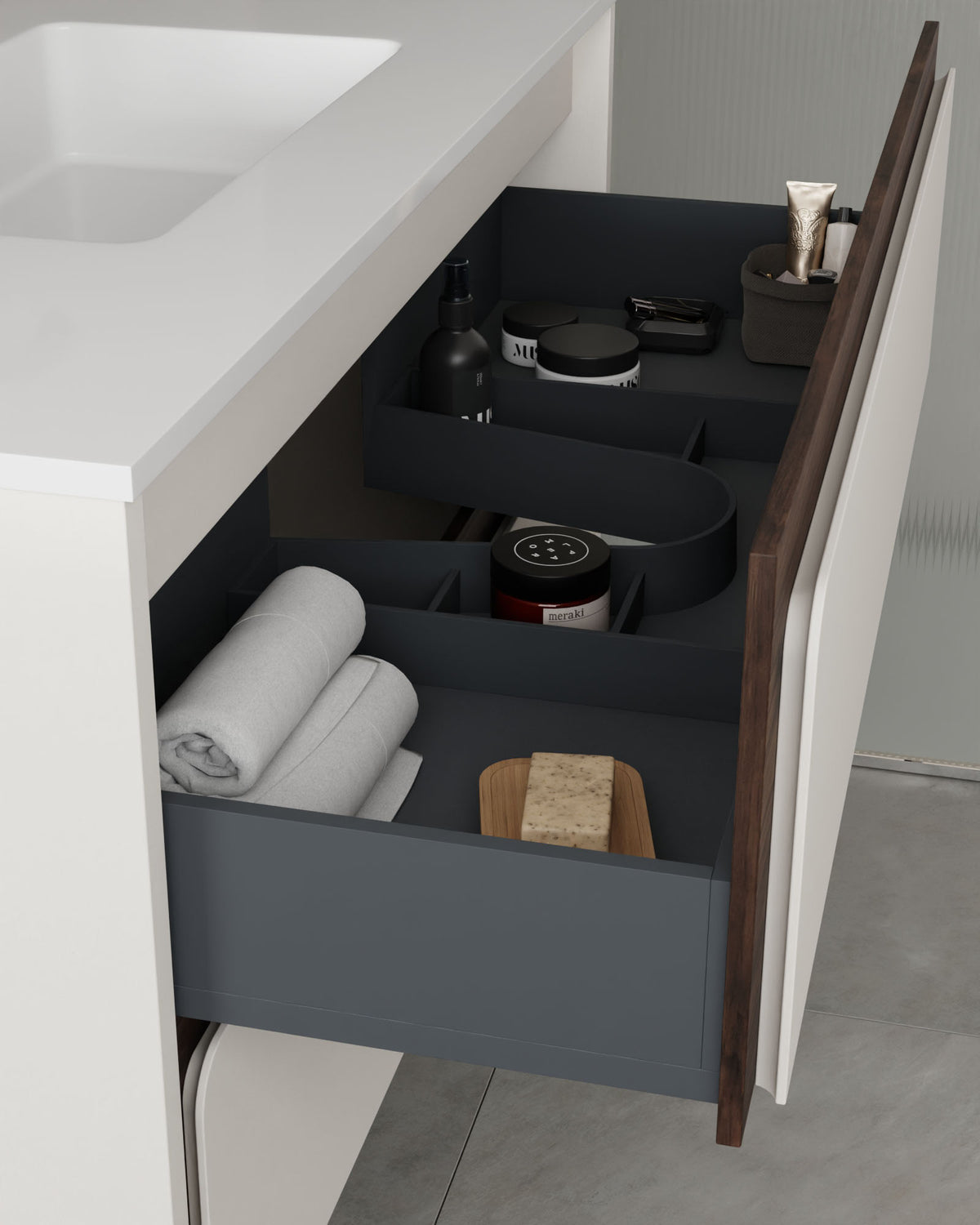 Cyra 2 cajones blanco nogal – con lavabo integrado Toren Blanco, Faldón 2 cm, con agujero de grifo, vista del cajón