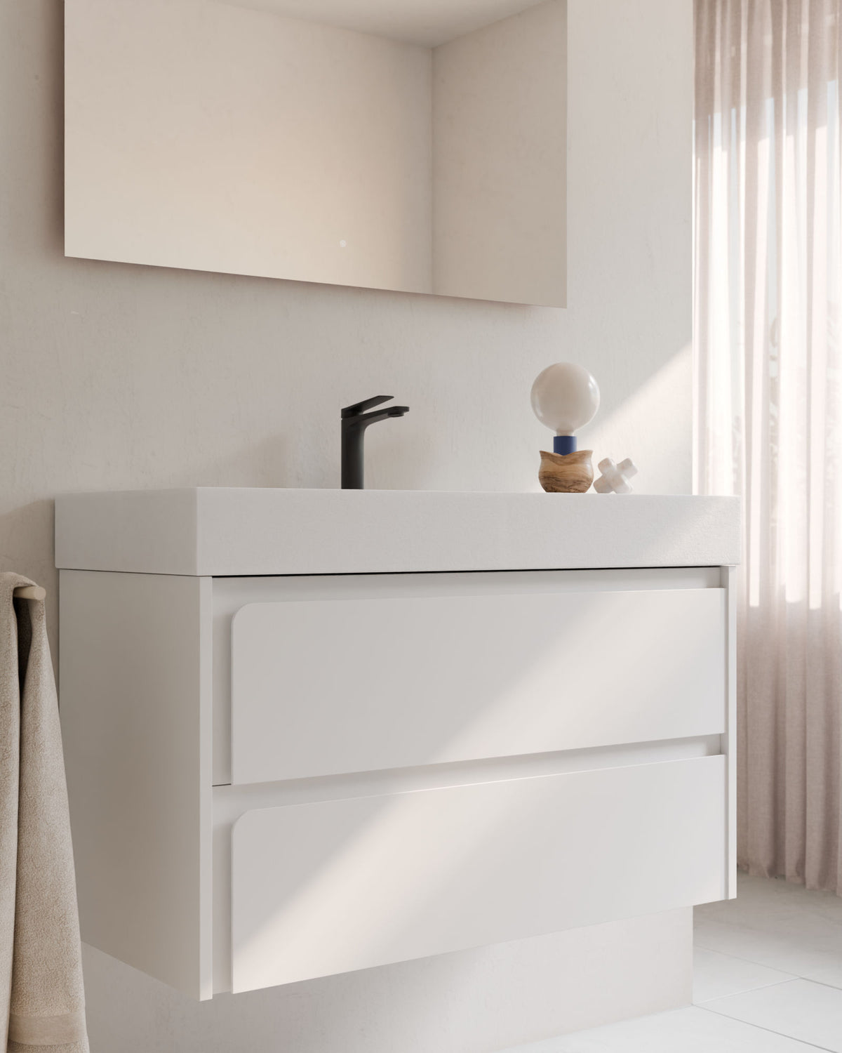 Cyra 2 cajones blanco blanco – con lavabo integrado Toren Blanco, Faldón 10 cm, con agujero de grifo, primer plano