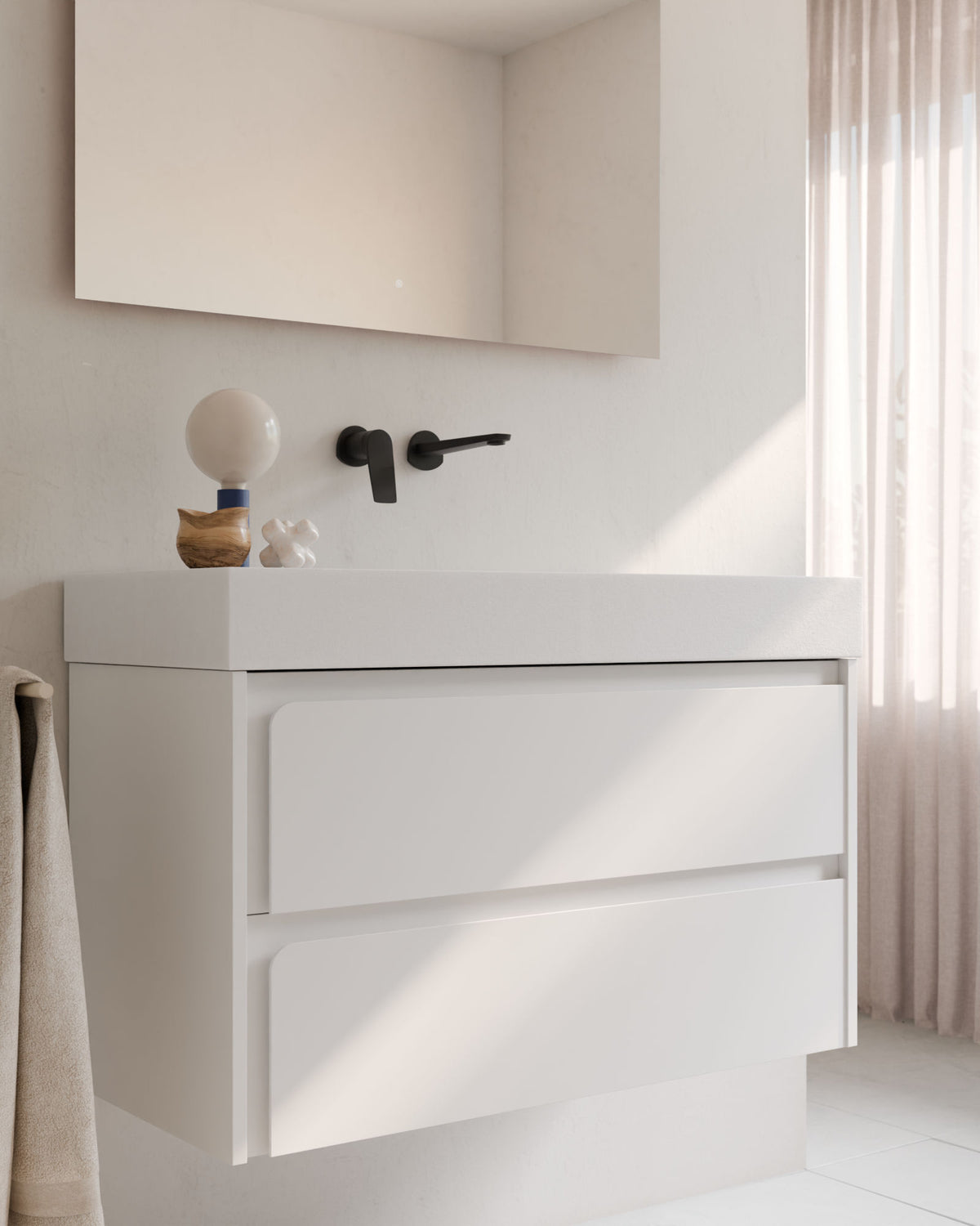 Cyra 2 cajones blanco blanco – con lavabo integrado Toren Blanco, Faldón 10 cm, sin agujero de grifo, primer plano