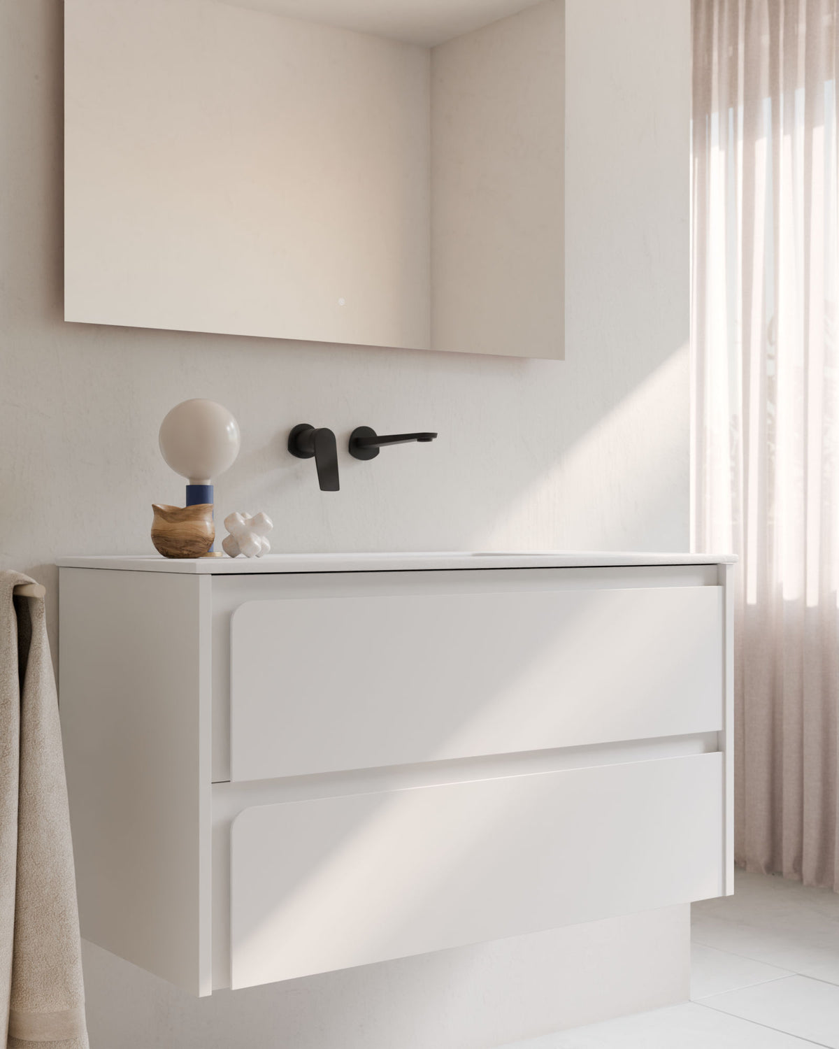 Cyra 2 cajones blanco blanco – con lavabo integrado Toren Blanco, Faldón 2 cm, sin agujero de grifo, primer plano