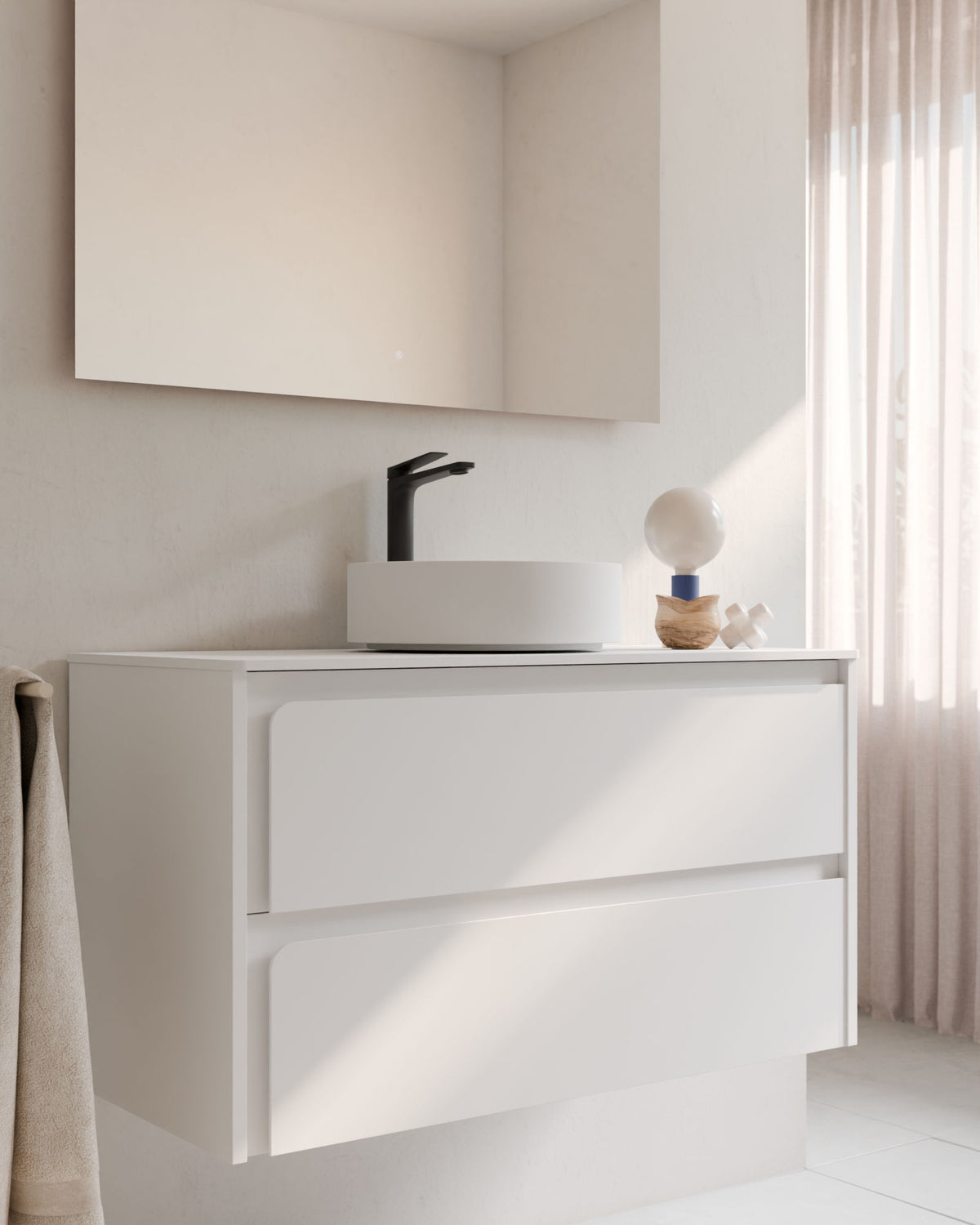 Cyra 2 cajones blanco blanco – con encimera Blanco, primer plano