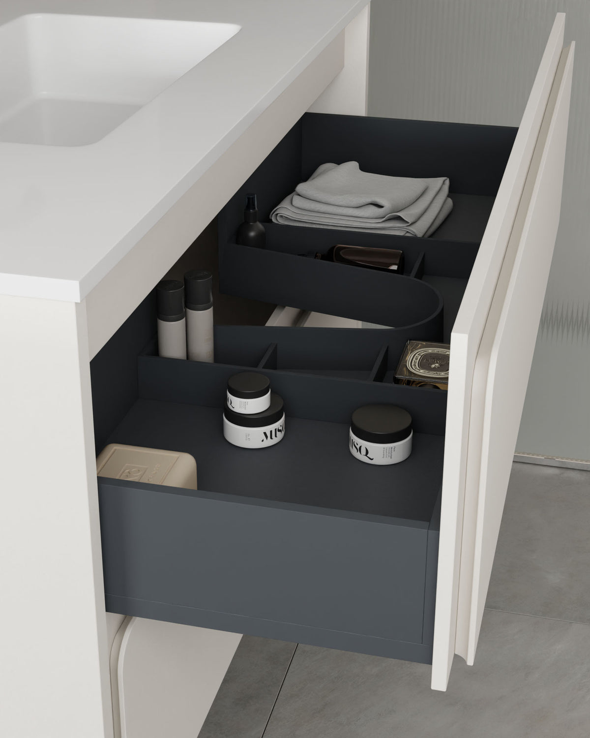 Cyra 2 cajones blanco blanco – con lavabo integrado Toren Blanco, Faldón 2 cm, sin agujero de grifo, vista del cajón