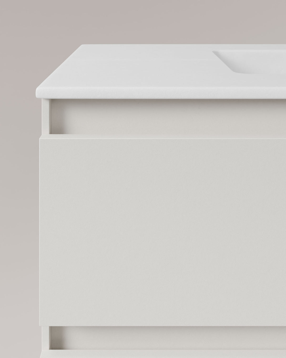 Zuri 2 Schubladen Weiß – mit Möbelwaschtisch Toren Weiß, Schürze 2 cm, mit Hahnloch, Detailansicht