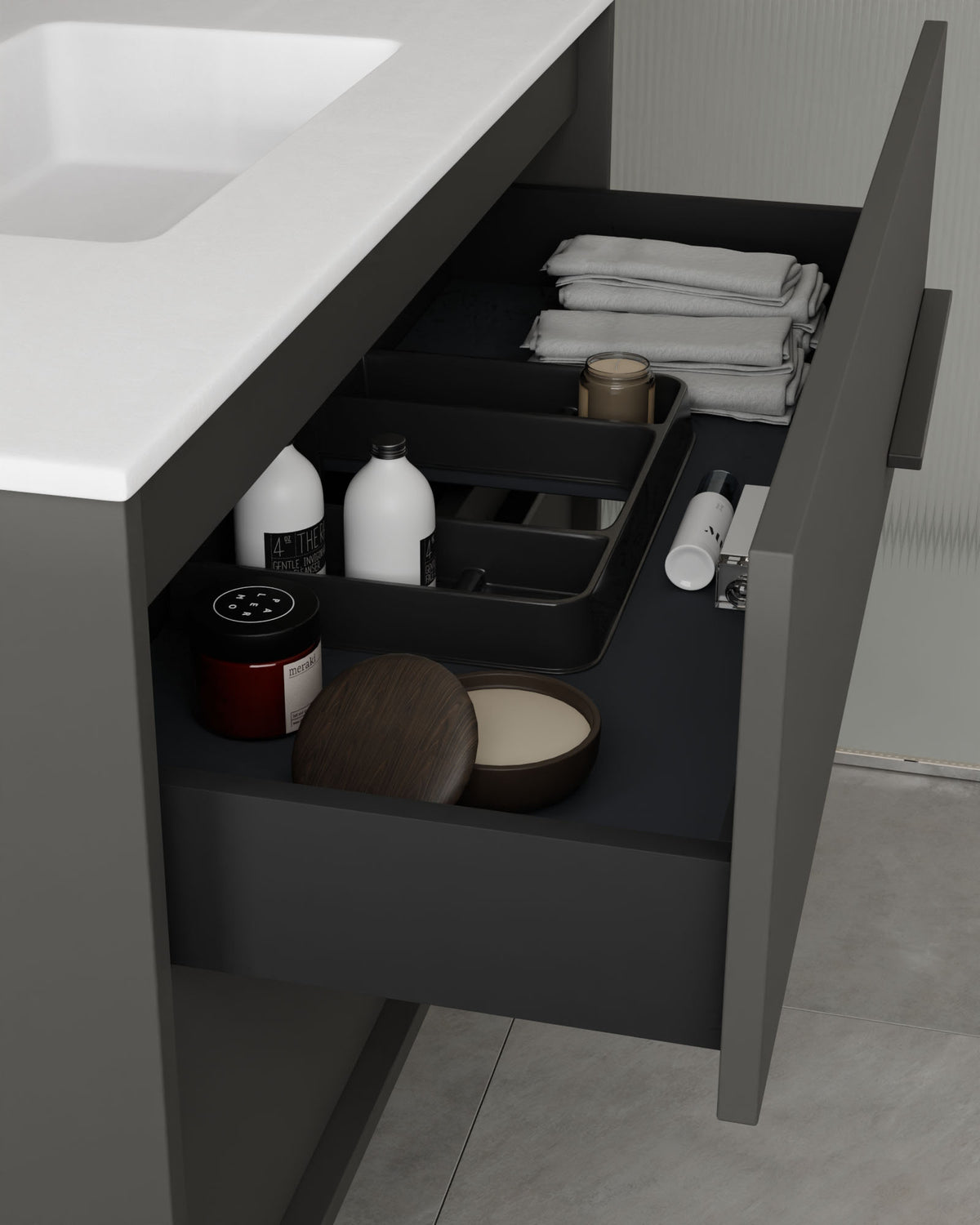 Marel 4 cajones Doble seno Gris Ceniza Grafito – con lavabo integrado Toren Blanco, Faldón 2 cm, sin agujero de grifo, vista del cajón