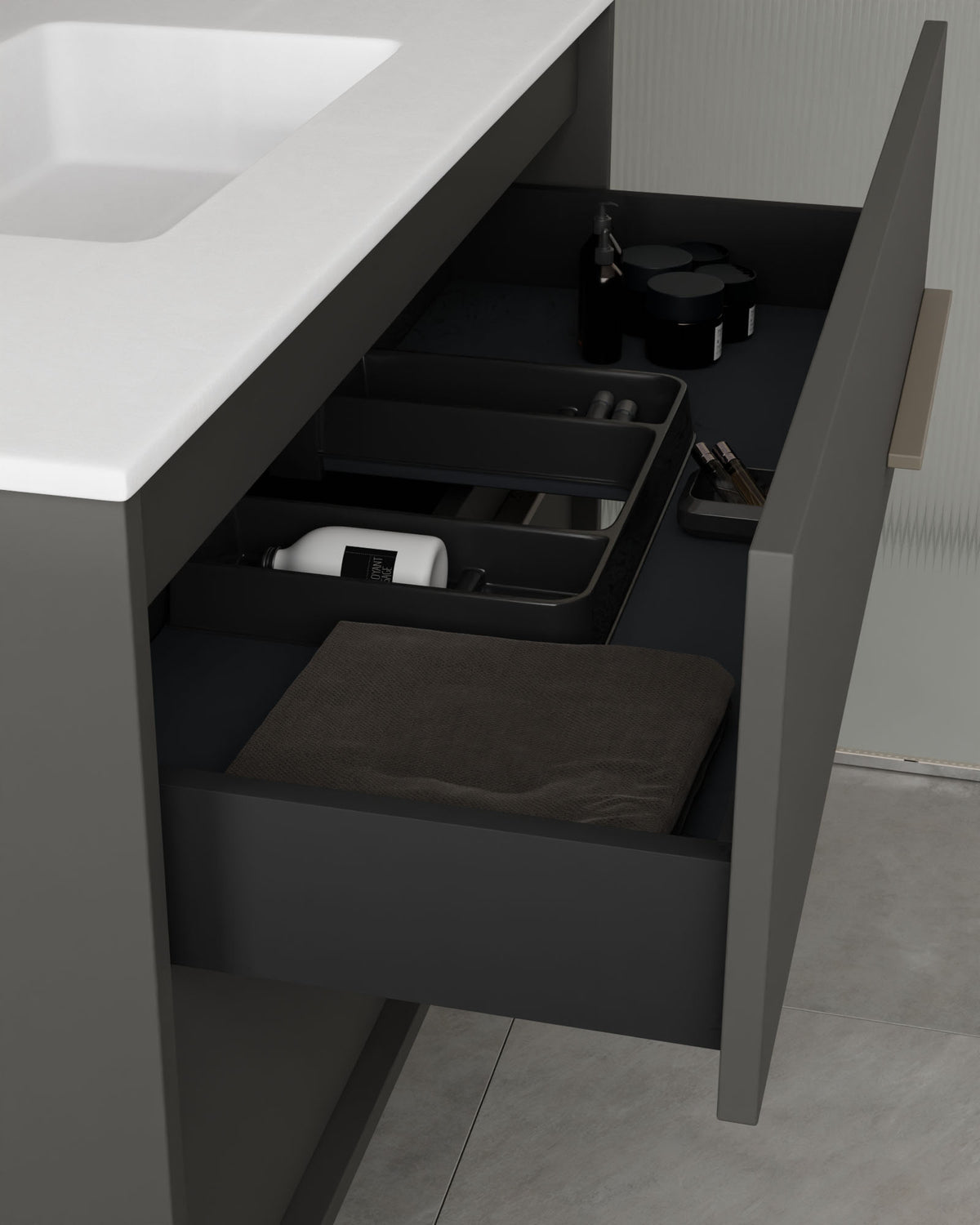 Marel 4 cajones Doble seno Gris Ceniza Cuarzo – con lavabo integrado Toren Blanco, Faldón 2 cm, sin agujero de grifo, vista del cajón
