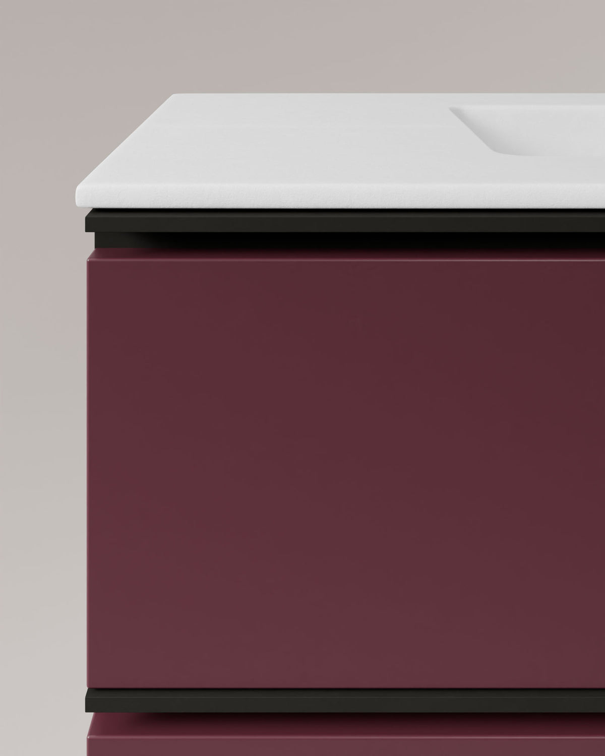 Ronda 4 Schubladen Doppelbecken Bordeaux Schwarz – mit Möbelwaschtisch Toren Weiß, Schürze 2 cm, ohne Hahnloch, Detailansicht