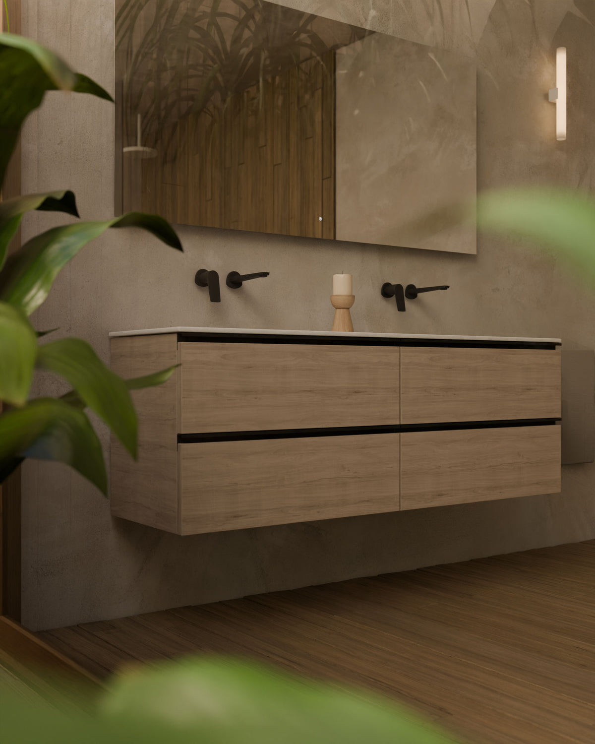 Ronda 4 cajones Doble seno Roble Marfil Negro – con lavabo integrado Toren Blanco, Faldón 2 cm, sin agujero de grifo, primer plano