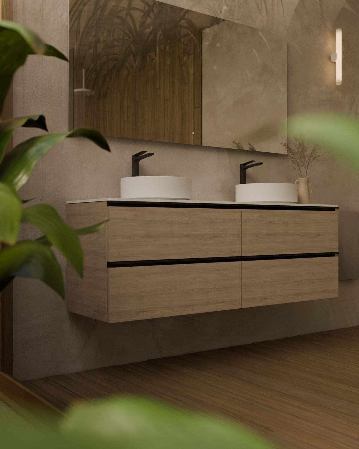 Ronda 4 cajones Doble seno Roble Marfil Negro – con encimera Blanco, primer plano