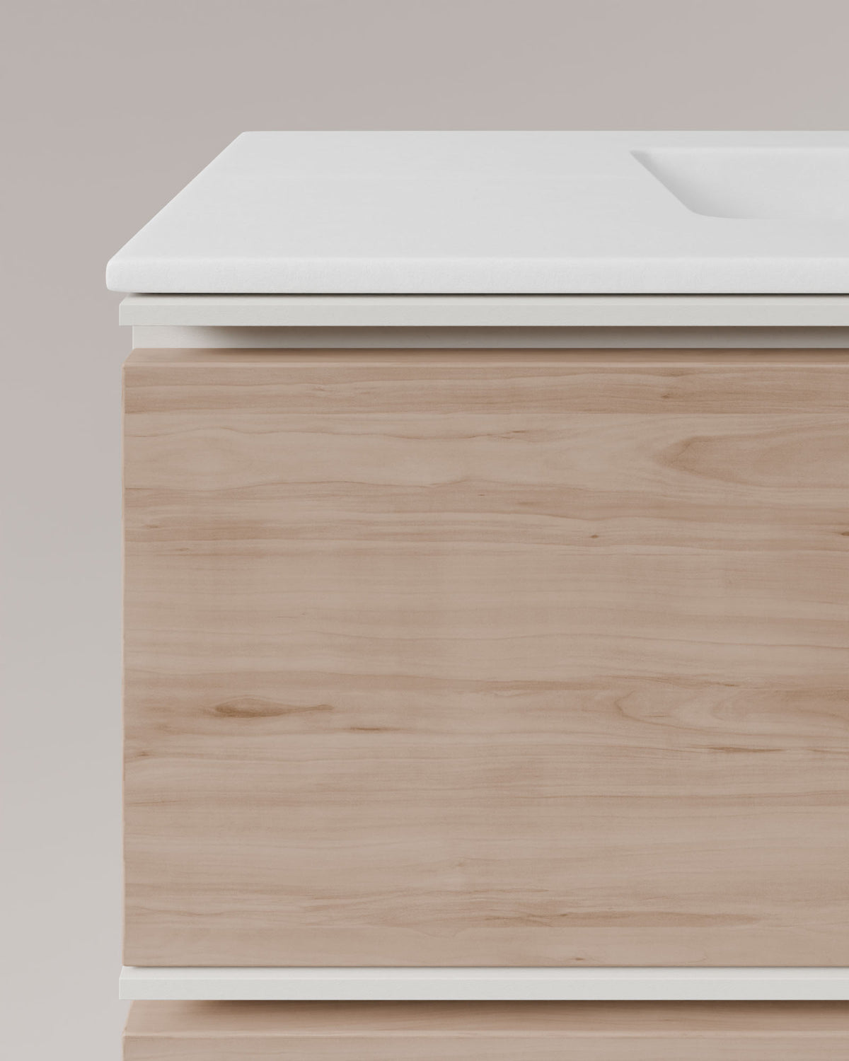 Ronda 4 cajones Doble seno Roble Marfil Blanco – con lavabo integrado Toren Blanco, Faldón 2 cm, sin agujero de grifo, vista de detalle