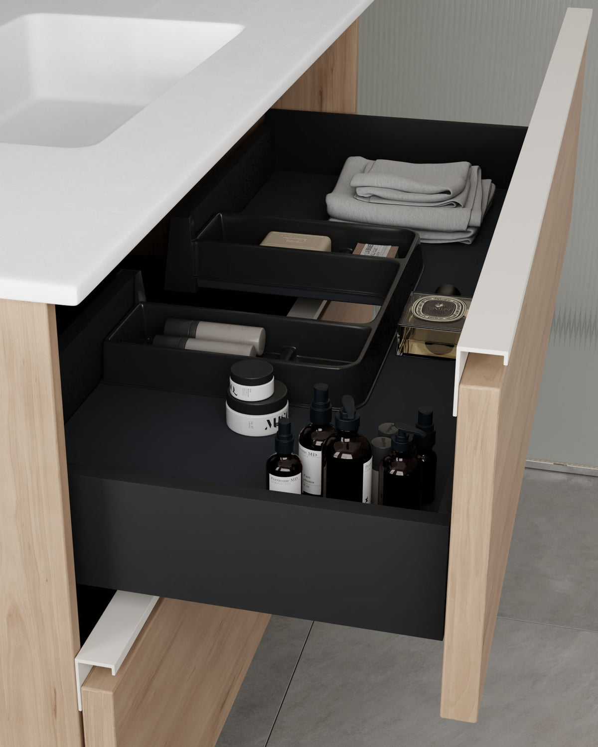 Ronda 4 cajones Doble seno Roble Marfil Blanco – con lavabo integrado Toren Blanco, Faldón 2 cm, sin agujero de grifo, vista del cajón