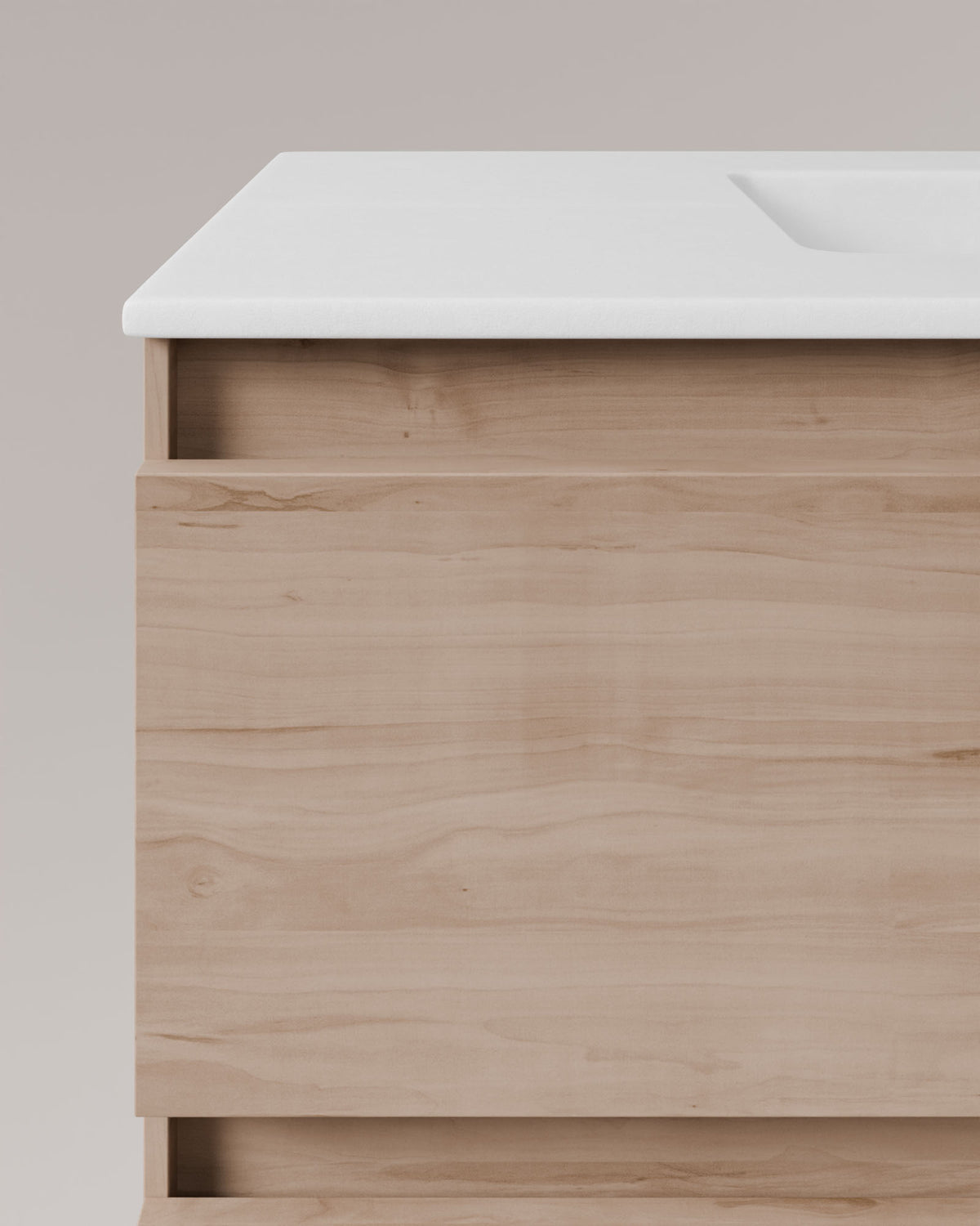 Zuri 4 tiroirs Double vasque Chene Ivoire – avec plan vasque Toren Blanc, Tablier 2 cm, sans trou de robinet, vue de détail