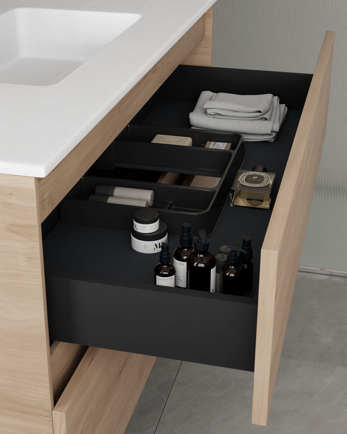 Zuri 4 tiroirs Double vasque Chene Ivoire – avec plan vasque Toren Blanc, Tablier 2 cm, sans trou de robinet, vue du tiroir