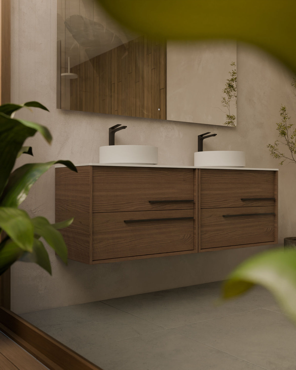 Marel 4 tiroirs Double vasque Chene Acajou Graphite – avec plan de travail Blanc, gros plan