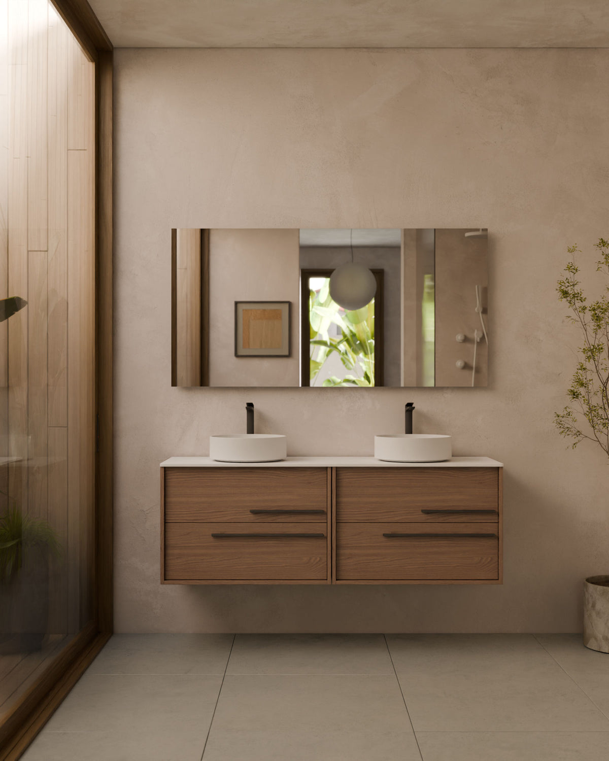 Marel 4 tiroirs Double vasque Chene Acajou Graphite – avec plan de travail Blanc, vue de face
