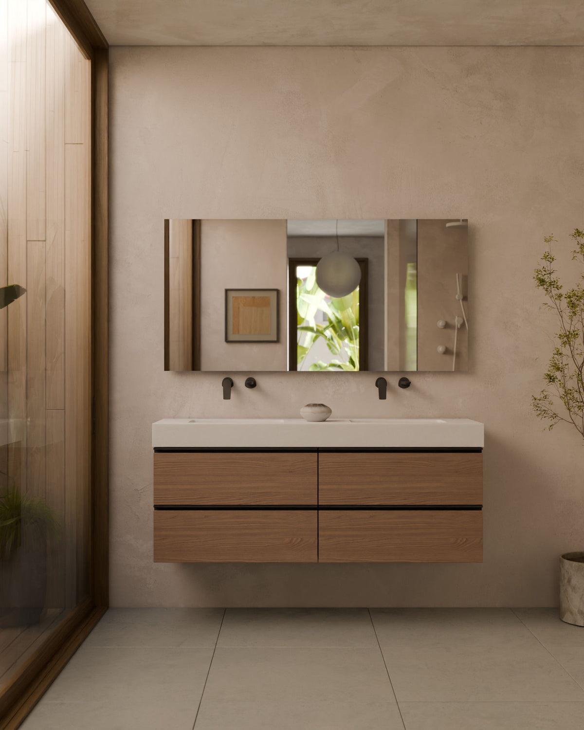 Ronda 4 cajones Doble seno Roble Caoba Negro – con lavabo integrado Toren Blanco, Faldón 10 cm, sin agujero de grifo, vista frontal