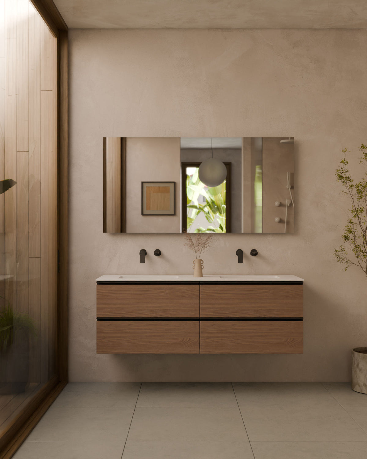 Ronda 4 cajones Doble seno Roble Caoba Negro – con lavabo integrado Toren Blanco, Faldón 2 cm, sin agujero de grifo, vista frontal